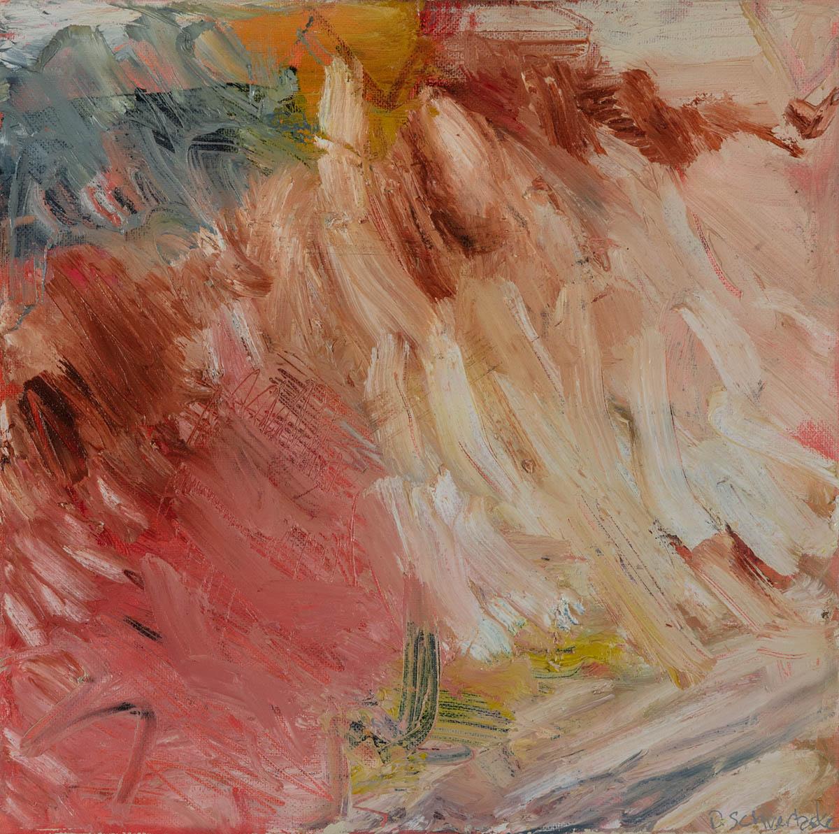 Plummet is an intricately layered abstract painting by Deanna Schuerbeke. She builds expressive works through layers of colors, texture, and mark-making that tread the line of chaos and calm. This small-scale work with soft pools of pink and blue,