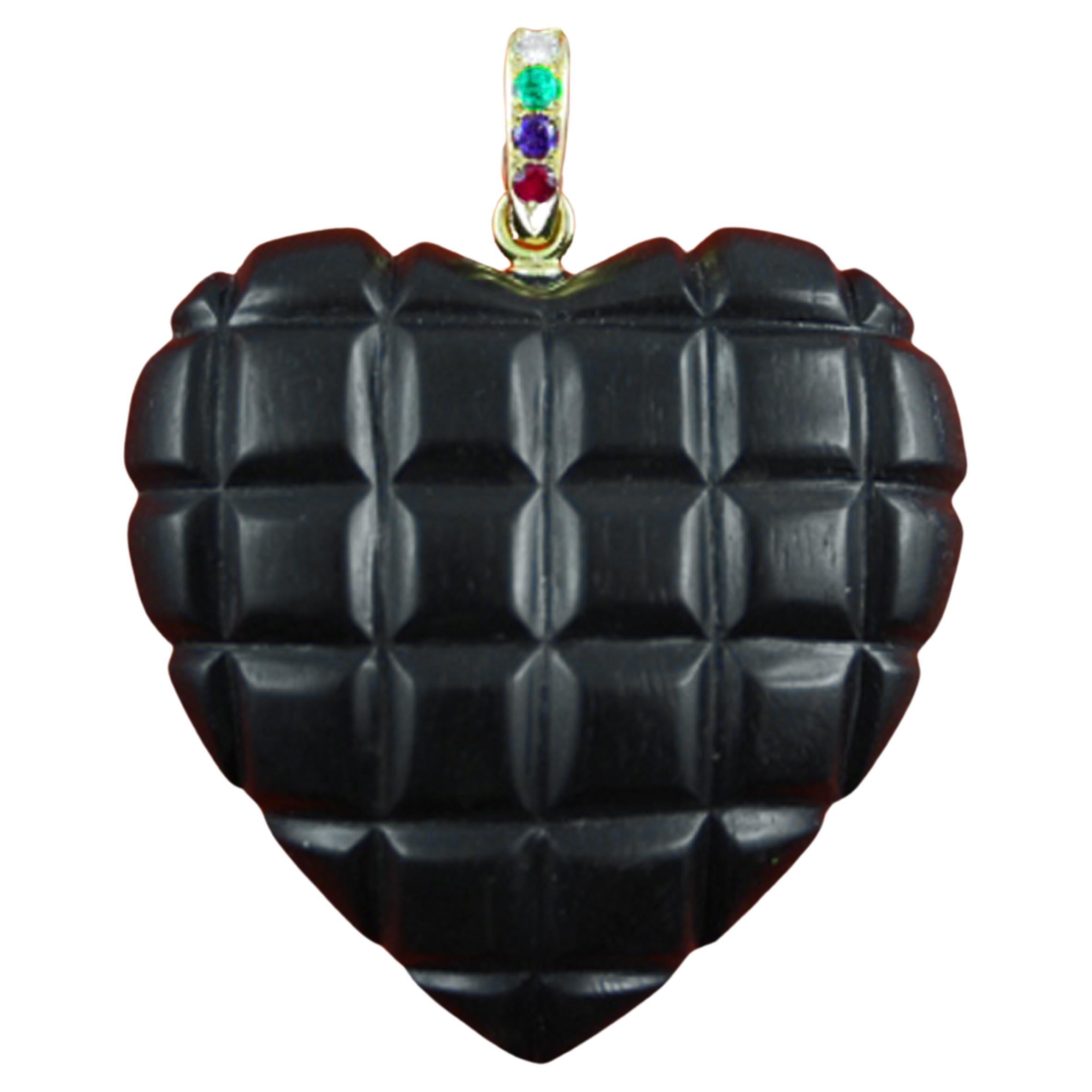 Querido Diamante Esmeralda Amatista Rubí Negro Colgante Corazón Madera 18 Kt Oro Amarillo