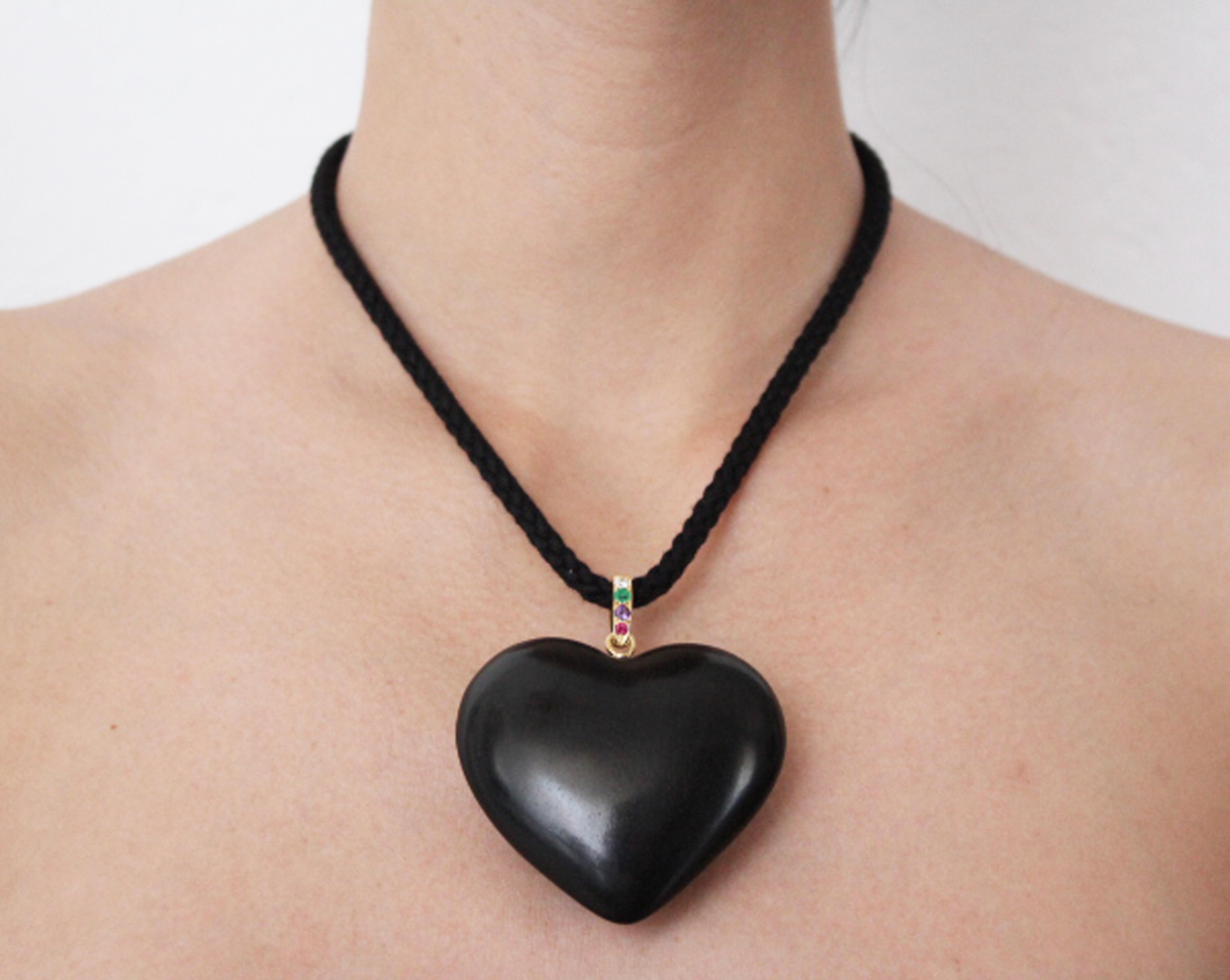 Brilliant Cut Dear Diamond Emerald Amethyst Ruby Black Wood Topaz Heart Pendant 18 Kt Gold For Sale