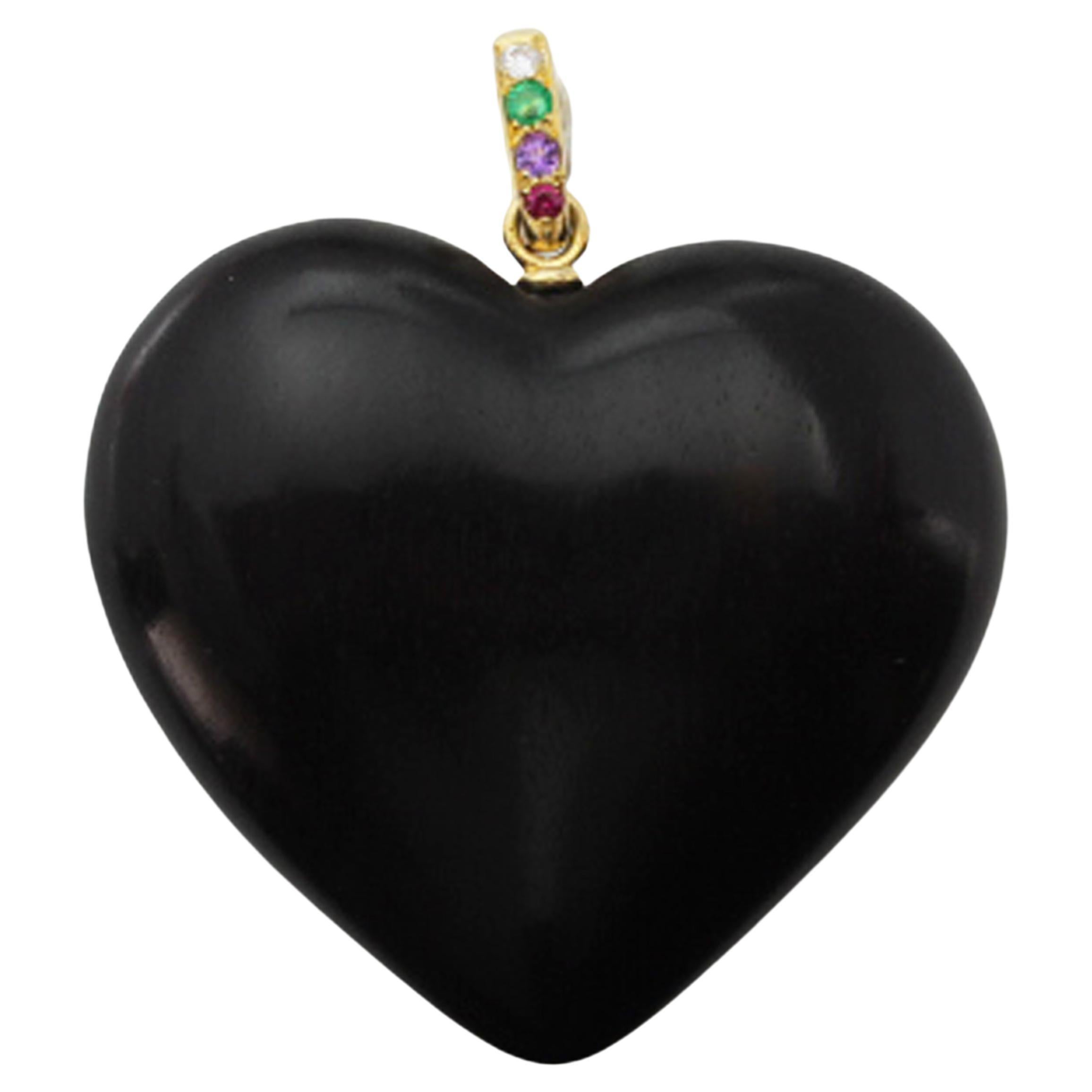 Dear Diamond Emerald Amethyst Ruby Black Wood Topaz Heart Pendant 18 Kt Gold For Sale