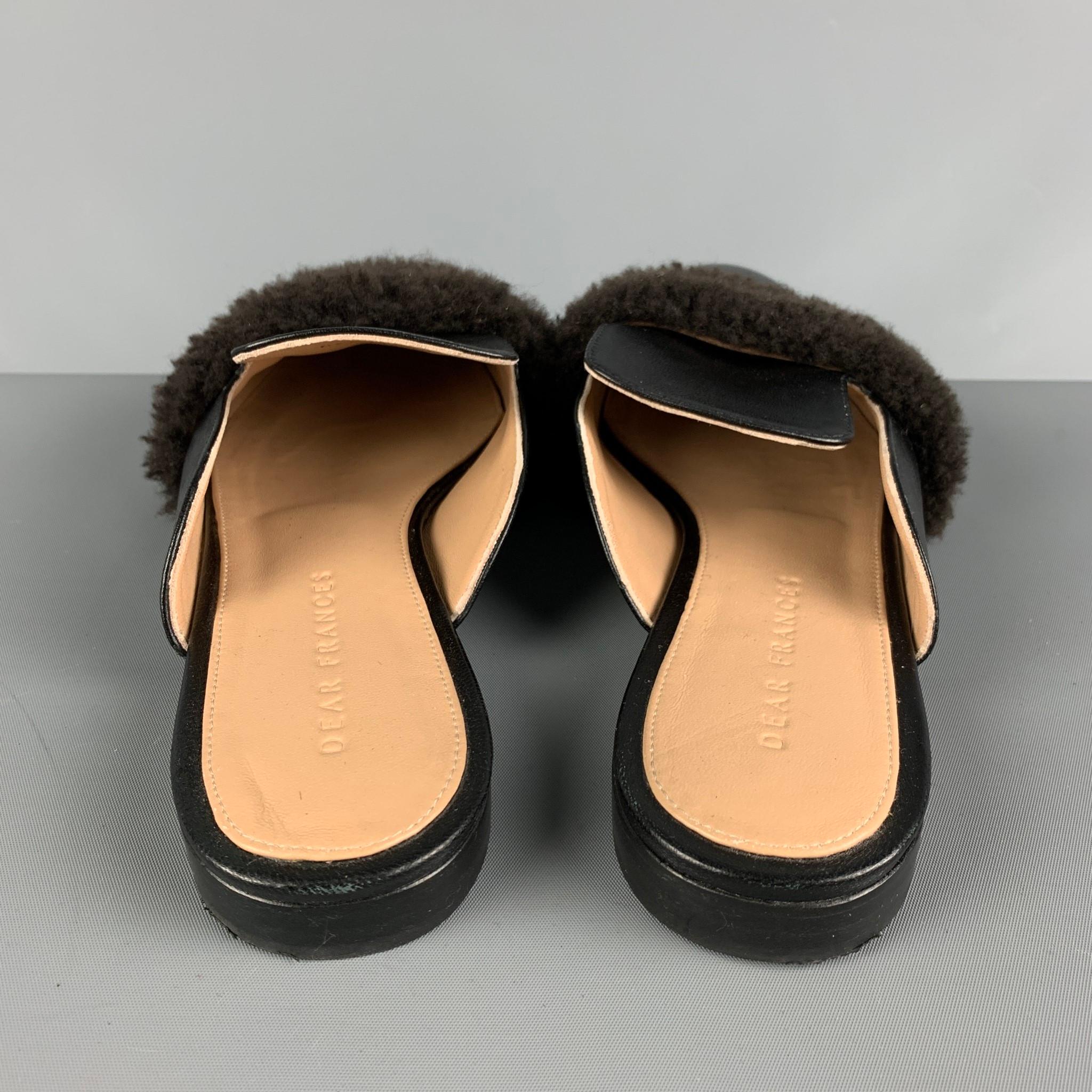 DEAR FRANCES Size 8 Black and Brown Leather Shearling Slide Flats In Good Condition In San Francisco, CA