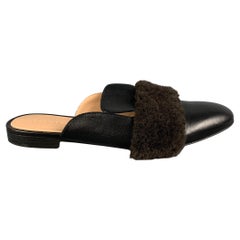 DEAR FRANCES Size 8 Black and Brown Leather Shearling Slide Flats