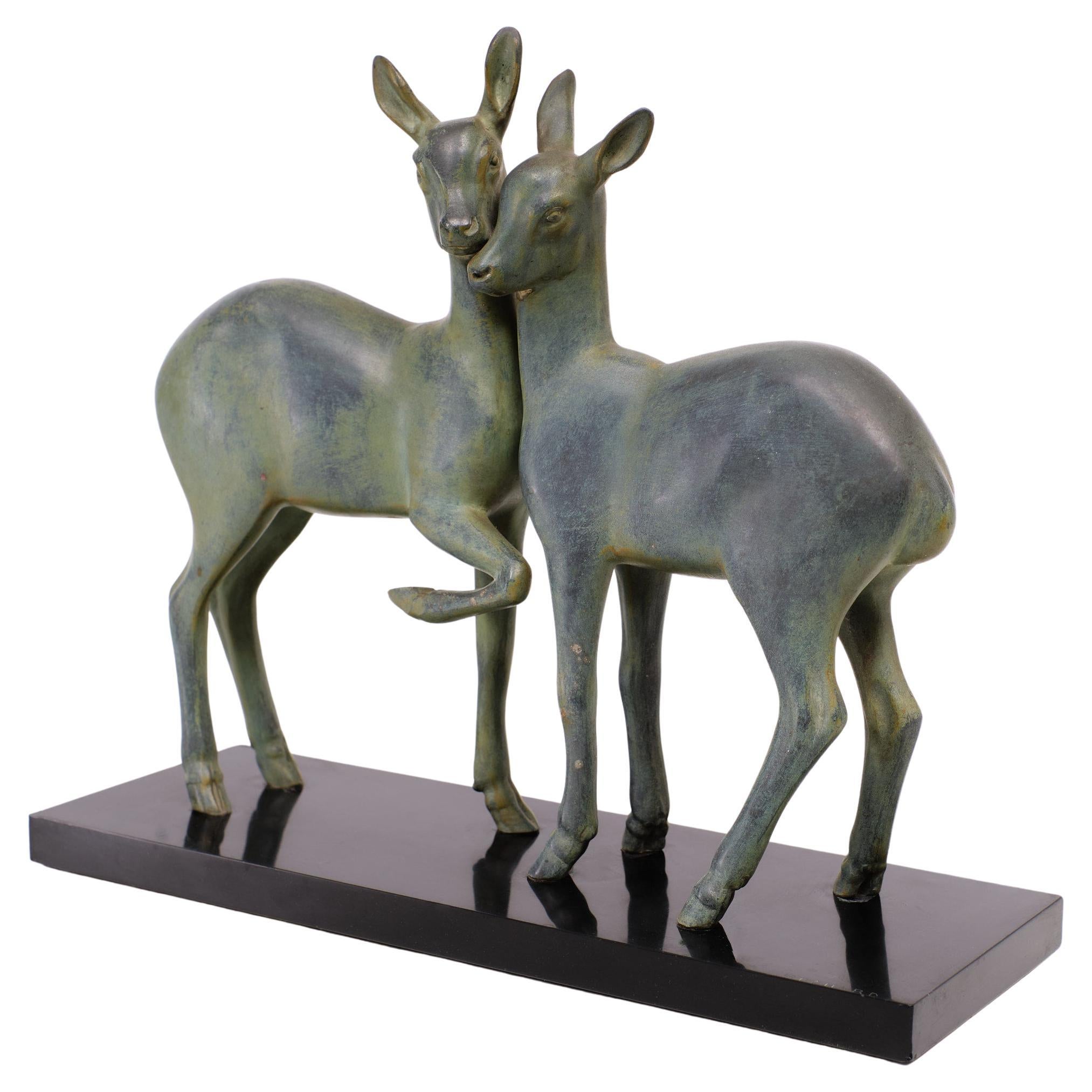 Lovely Bronze deer figurines. On a Black Marble base .signed. Beautiful Patine.
Irénée Rochard was a French decorative sculptor best known for his Art Nouveau-styled depictions of animals. Most often working in bronze, he also created several