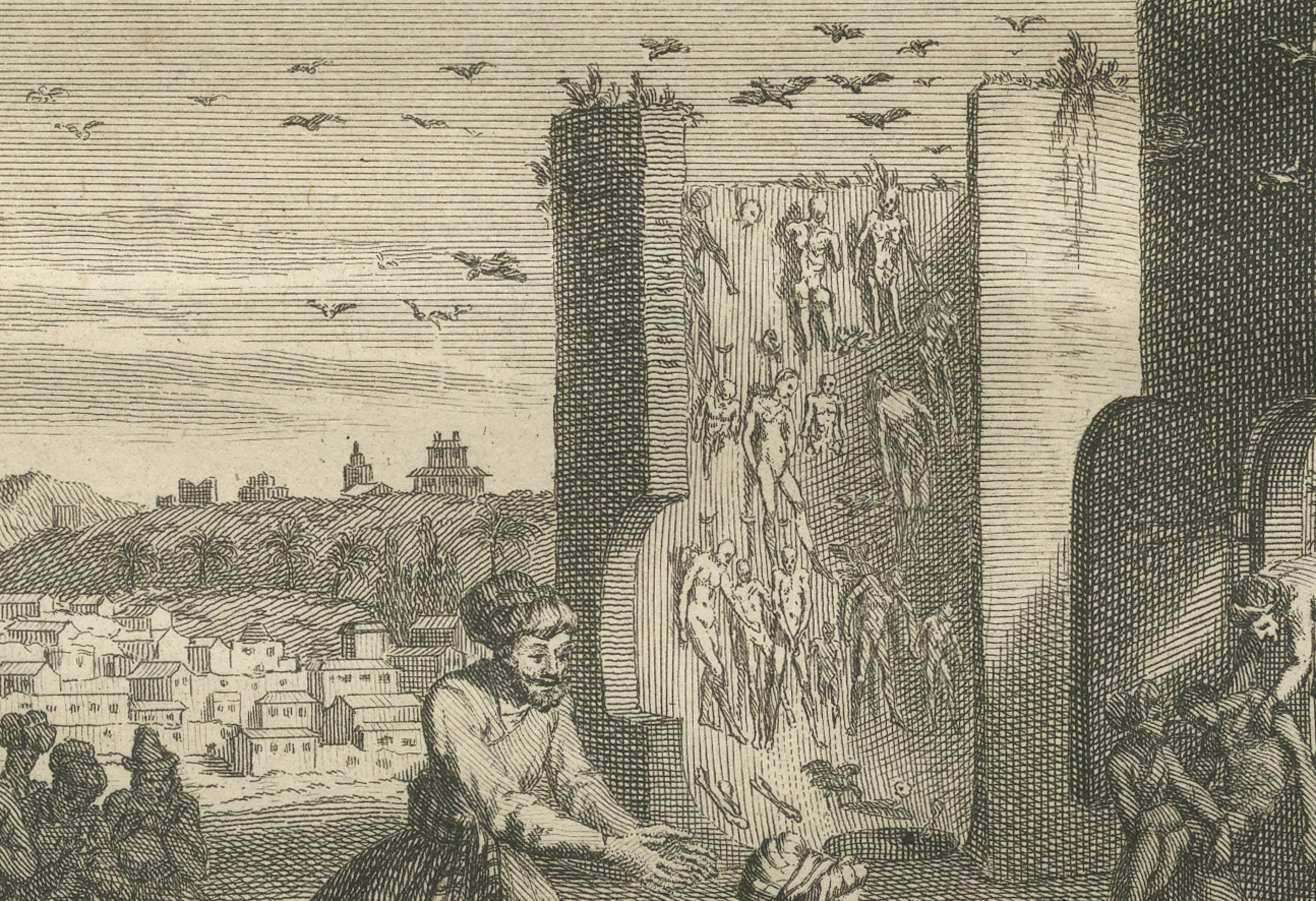 Tod und Bestattungsriten der Parsen - Seltener zoroastrischer Ritualstich von 1734 (Graviert) im Angebot
