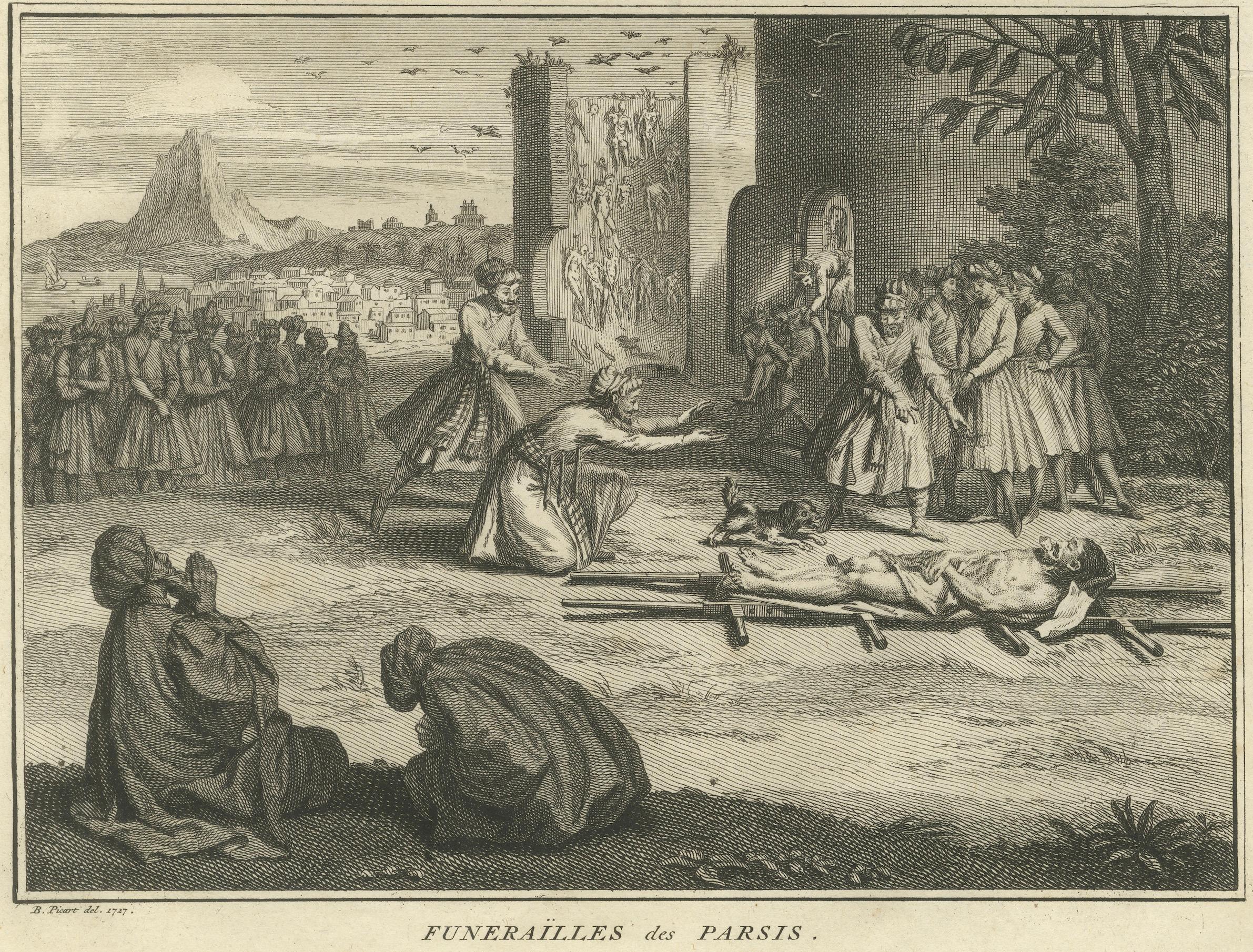 Tod und Bestattungsriten der Parsen - Seltener zoroastrischer Ritualstich von 1734 (Mitte des 18. Jahrhunderts) im Angebot