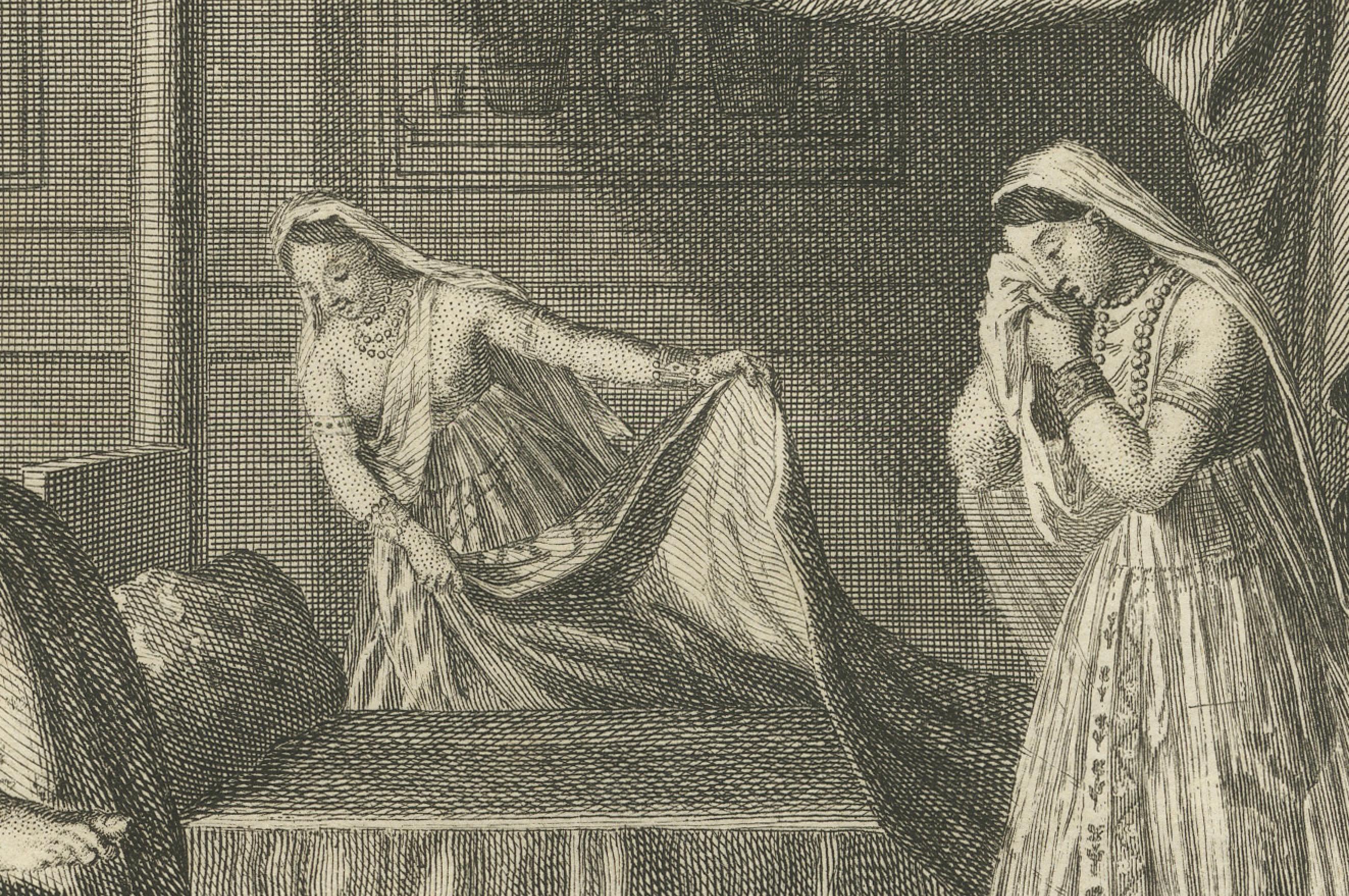 Tod und Bestattungsriten der Parsen - Seltener zoroastrischer Ritualstich von 1734 (Papier) im Angebot