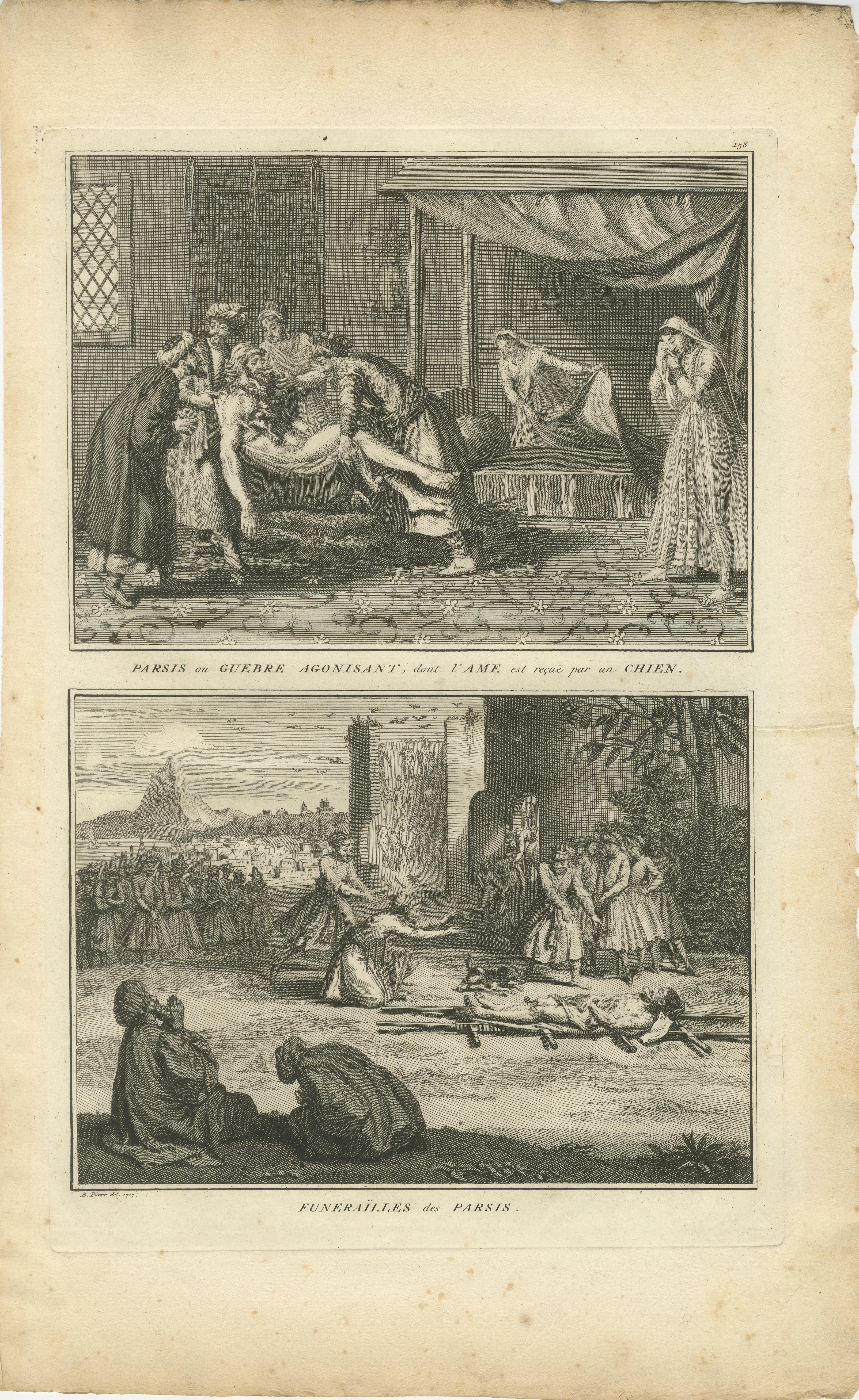 Tod und Bestattungsriten der Parsen - Seltener zoroastrischer Ritualstich von 1734 im Angebot 3