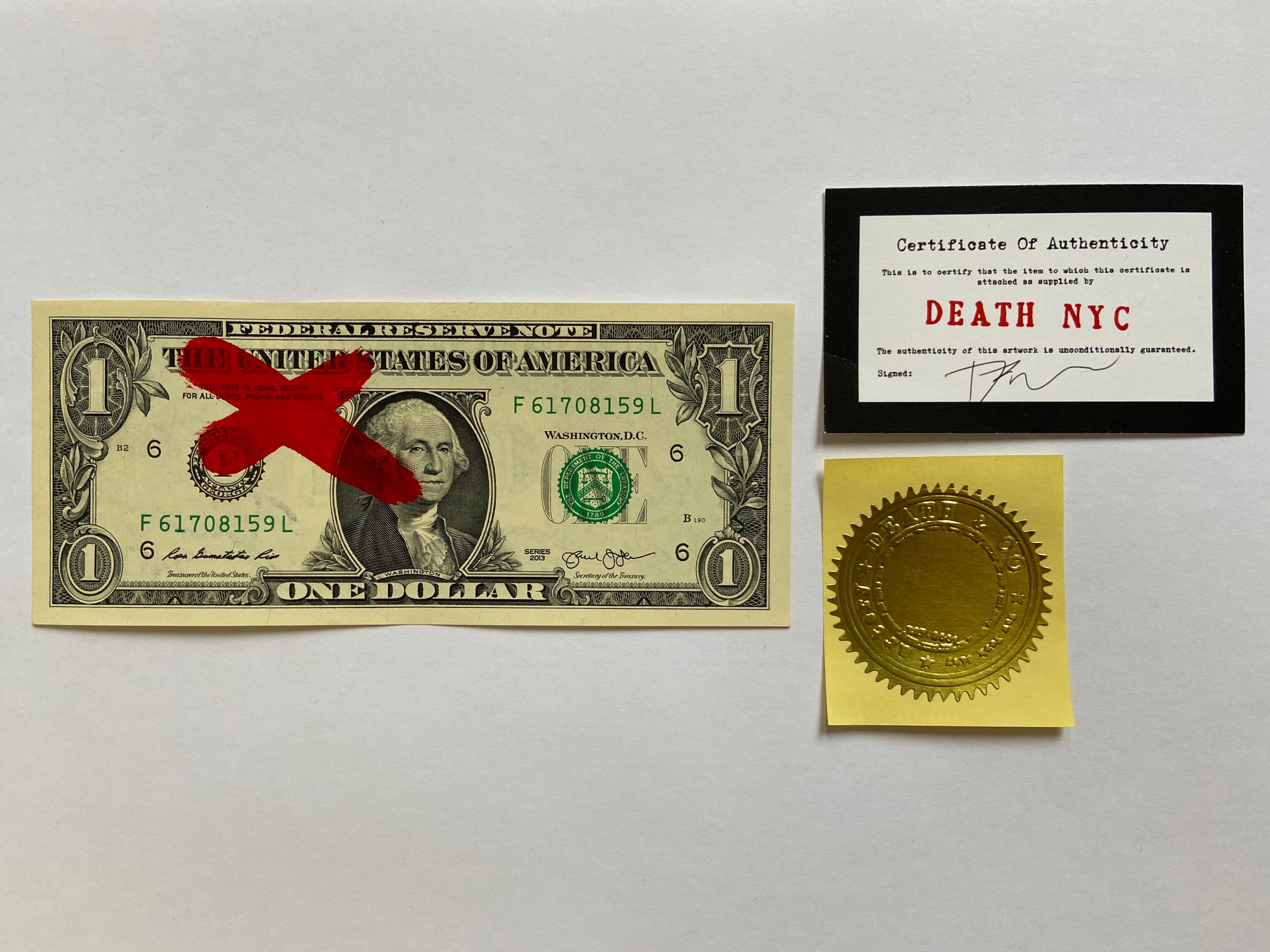 Death NYC

LEFT CROSS
2017
Gluing on 1 dollar notes
Signed by the artist
Size: 7 x 15.5 cm
Original copy, delivered with certificate of authenticity and stamp of the artist
Perfect condition 
99 euros
