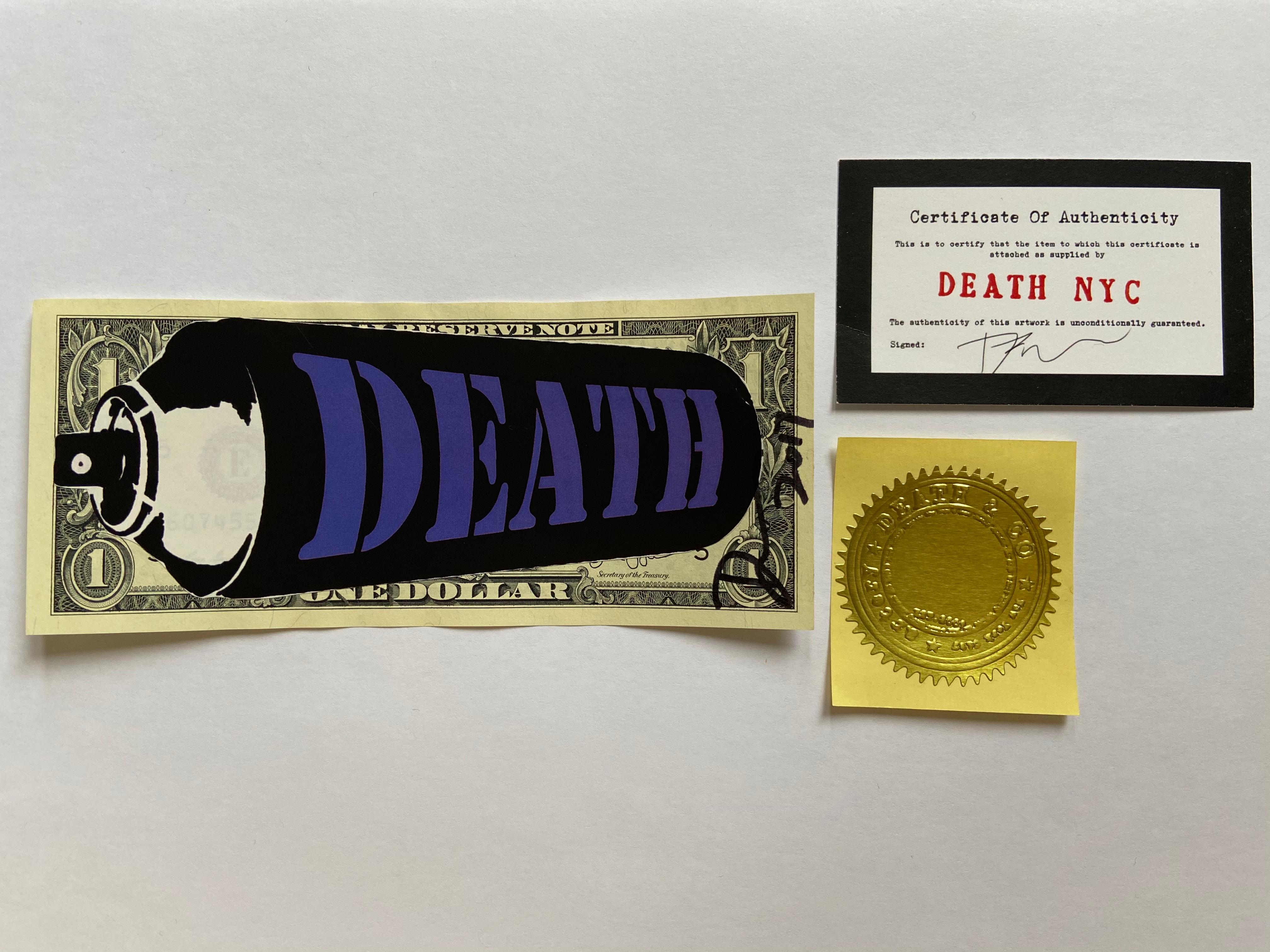 Death NYC
PURPLE DEATH SPRAY 
2017
Gluing on 1 dollar notes
Signed by the artist
Size: 7 x 15.5 cm
Original copy, delivered with certificate of authenticity and stamp of the artist
Perfect condition 
99 euros