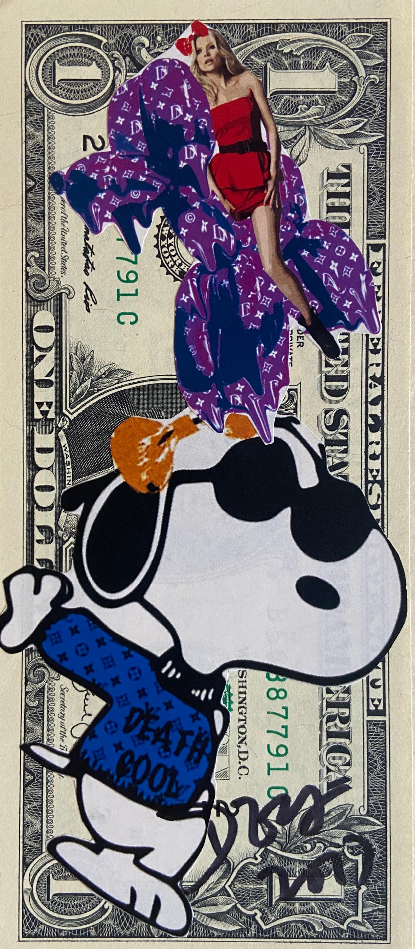 Blue Snoopy - Death NYC - 2017
 
One Dollar note illustrated by Death NYC, a street artist with a sharp rise in popularity. 

Collage 

Signed by the artist 

Support: 1 dollar note 

Size: 7 x 15,5 cm 

Original copy, delivered with certificate of