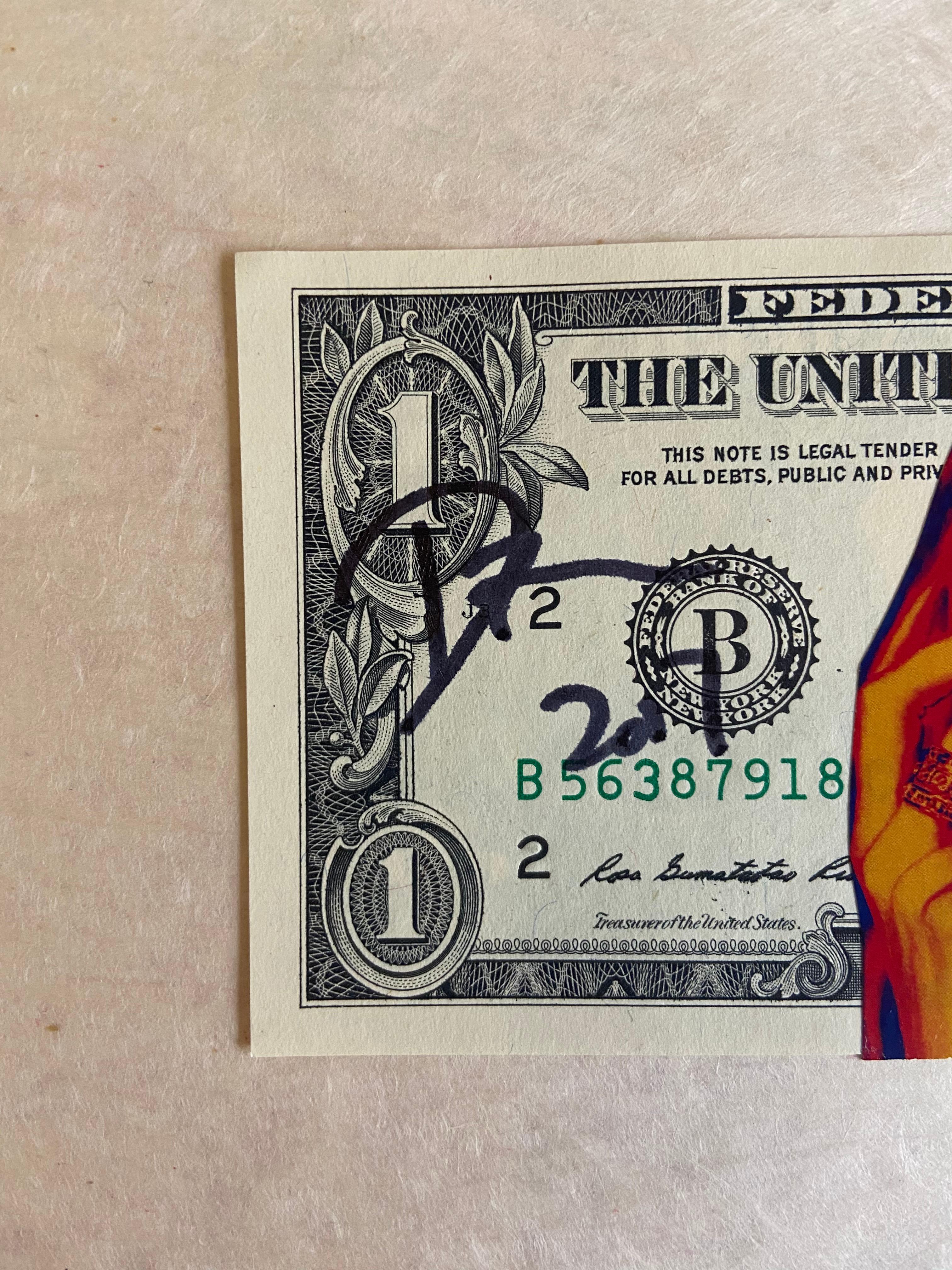 One Dollar note illustrated by Death NYC, a street artist with a sharp rise in popularity. 

Collage 

Signed by the artist 

Support: 1 dollar note 

Size: 7 x 15,5 cm 

Original copy, delivered with certificate of authenticity and stamp 

Perfect