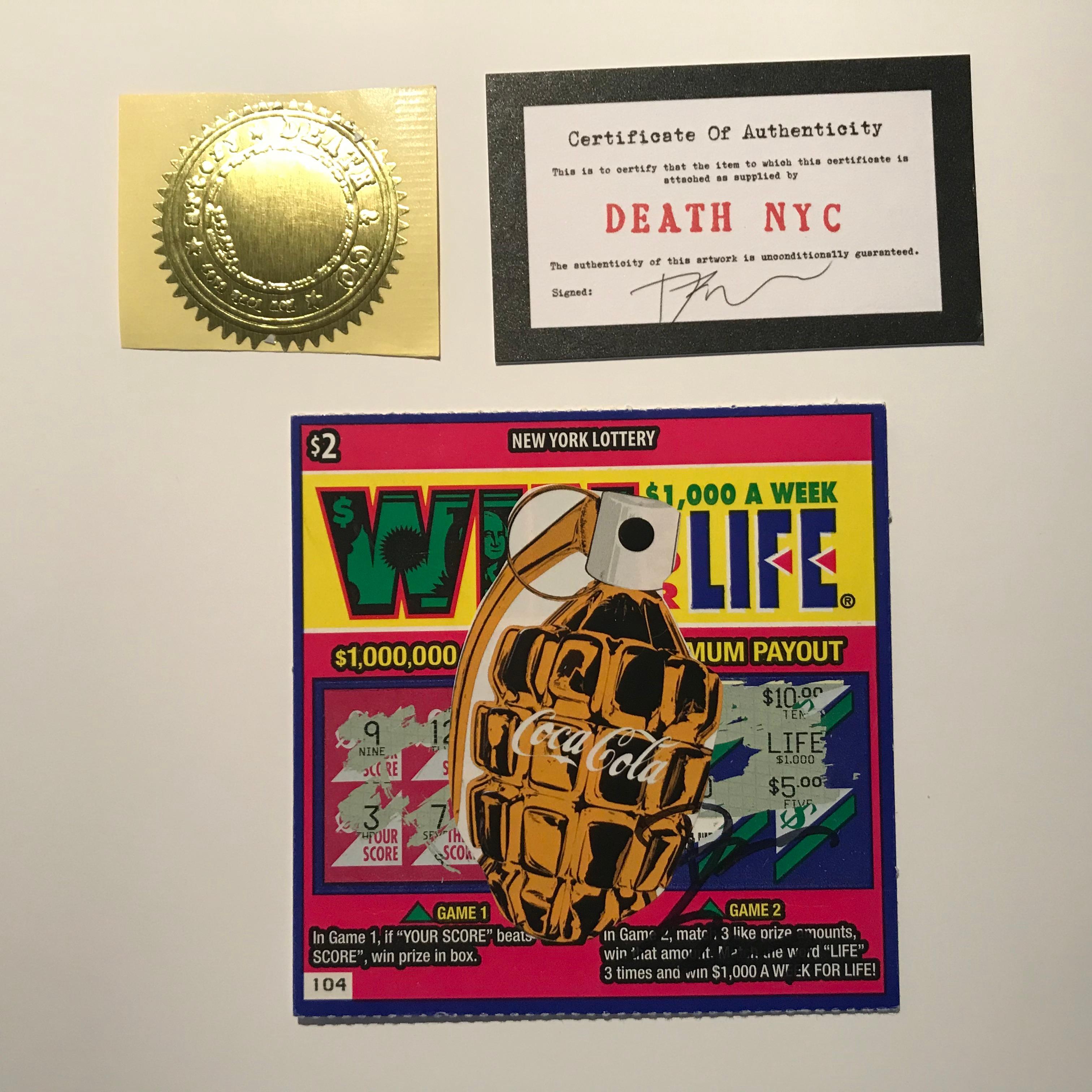 Rare Win for Life ticket by Death NYC, 
Collage and marker. 
Signed and dated 2017 by the artist  Support: new york lottery ticket
Size: 10 X 10 cms
2017

original artwork  In a perfect condition
with 2 certificates

99 euros