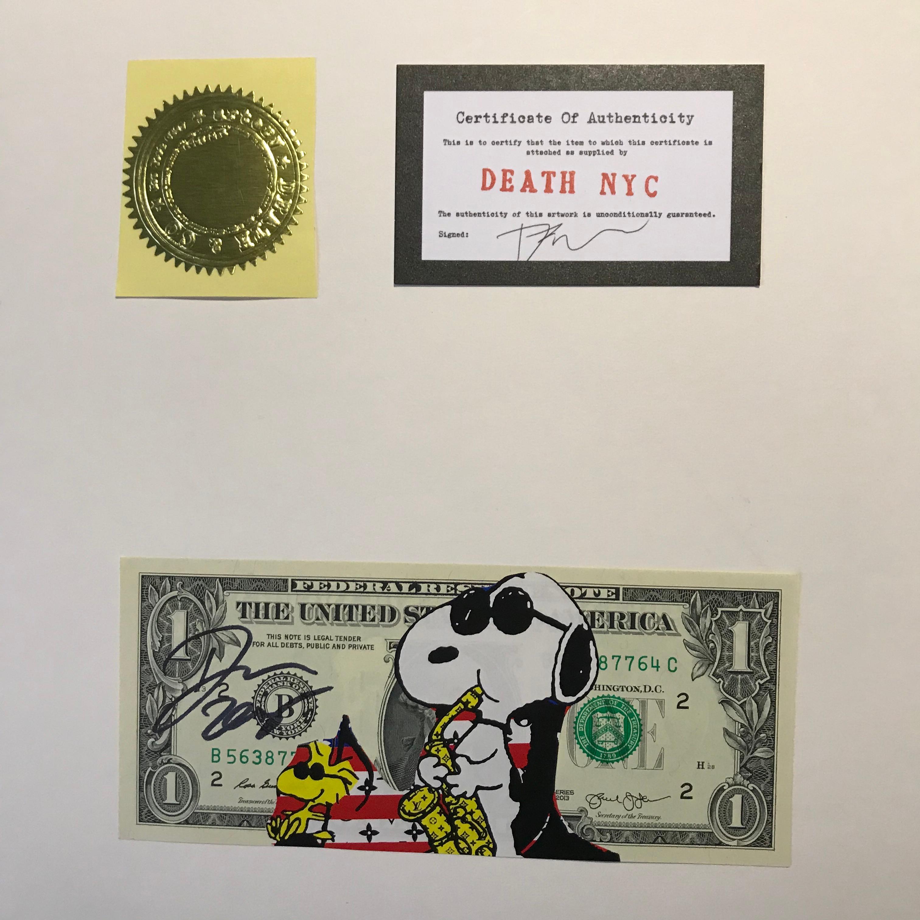 Death NYC
Vuitton saxo Snoopy
Techniques mixtes sur billet de 1 dollar
2017
Exemplaire unique 
2 certificats 
Signé et daté 
15,5 x 6,7 cms
99 euros