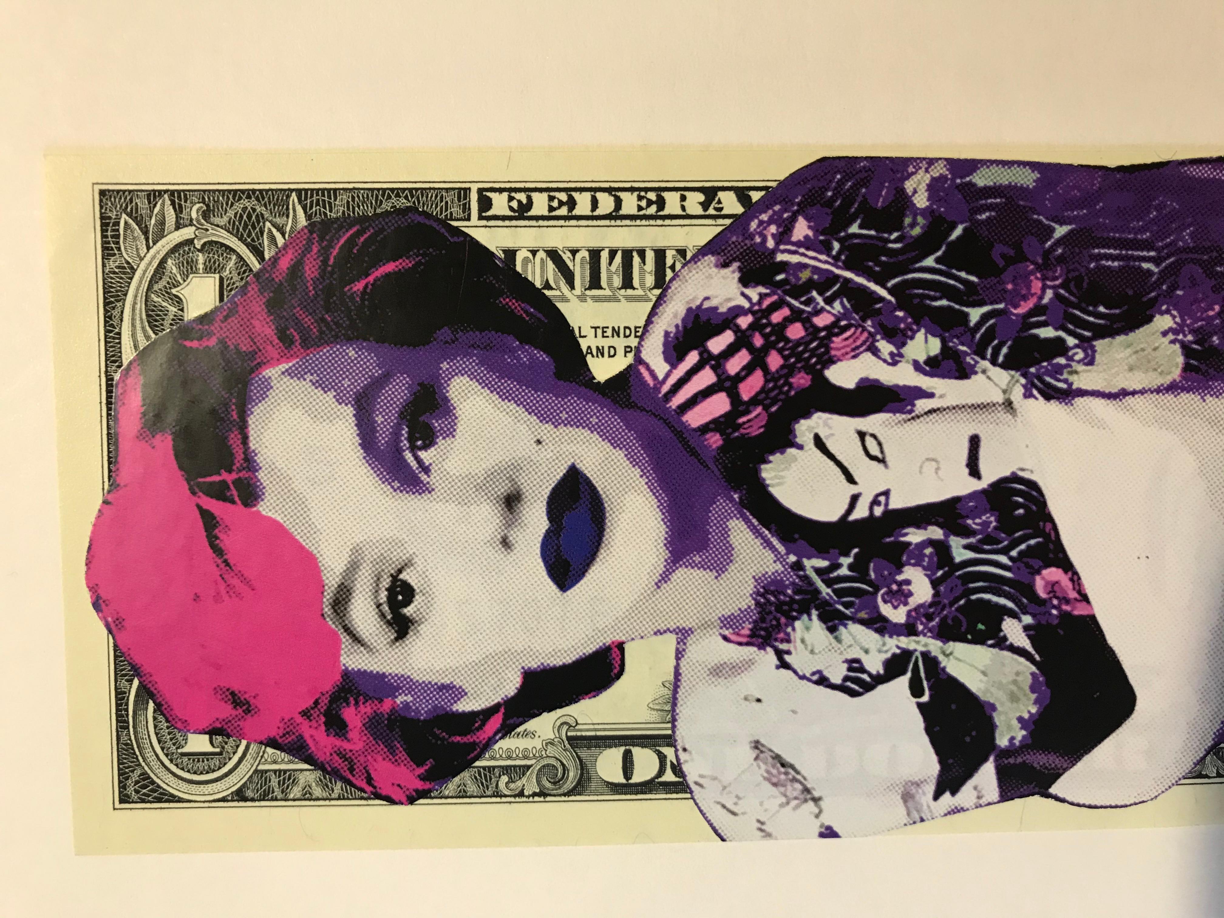 Death NYC
Yakusa marilyn  
Techniques mixtes sur billet de 1 dollar
2017
Exemplaire unique 
2 certificats 
Signé et daté 
15,5 x 6,7 cms
99 euros
