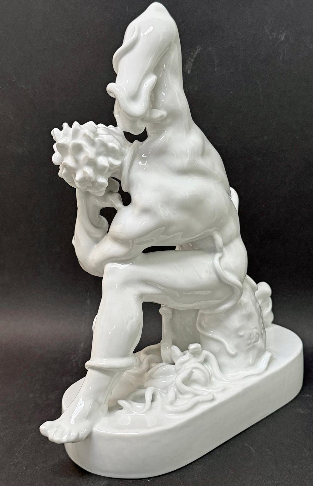 This extremely rare porcelain sculpture by a Danish artist depicts a great legend from Viking history -- Ragnar Lodbrok -- nude and helpless as he faces death in a pit of snakes.  Lodbrok led Viking efforts to prevail over England and the