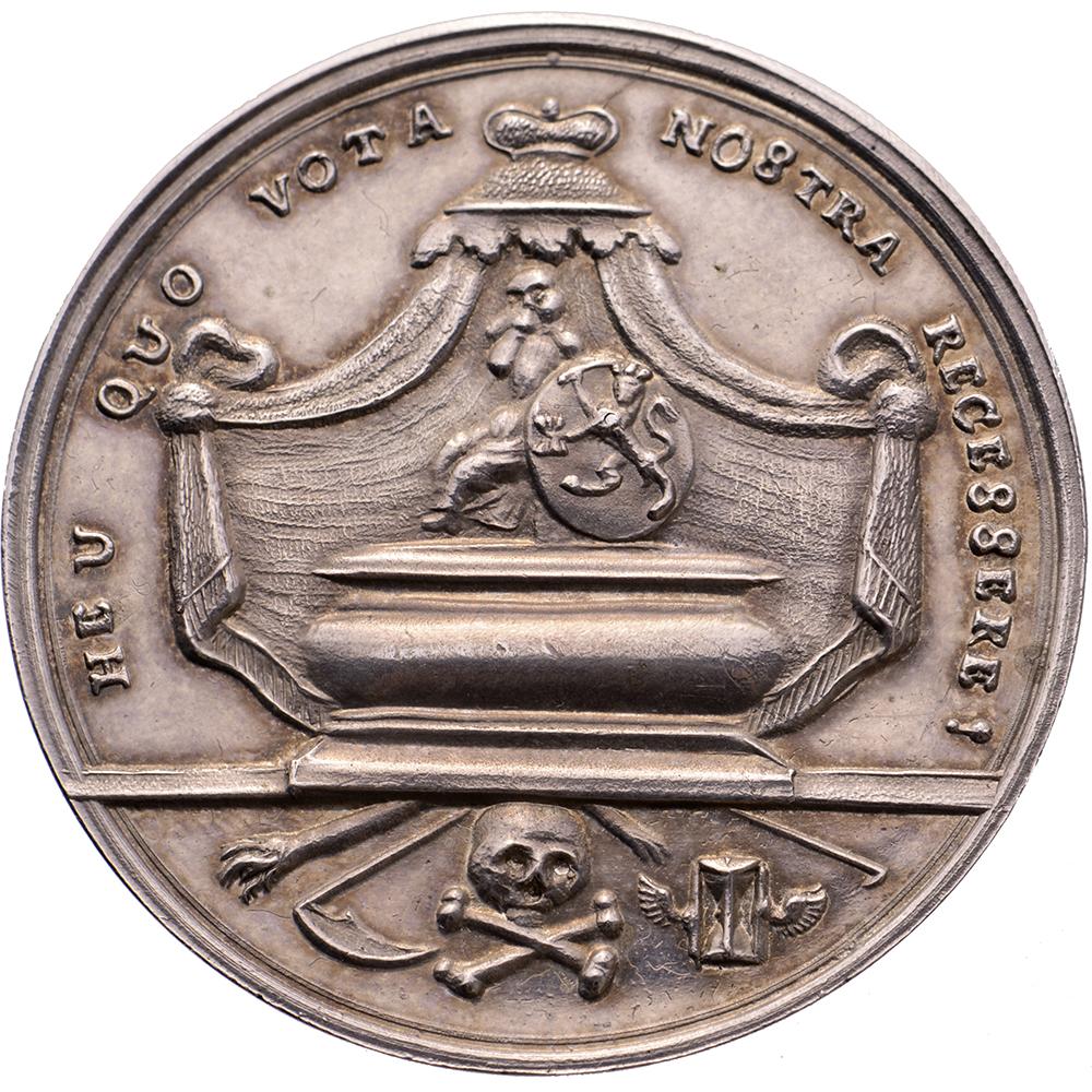 Obverse: ANNA D.G. M.B.R.P. GUB. ET TUT: WIL: V.A.P.N. MDCCIX. O. MDCCLIX. XII. IAN:, bust of princess Anna with diadem right, above her head a wreath of stars
Reverse: HE U QUO VOTA – NOSTRA RECESSERE, a tomb with a weeping woman holding the coat