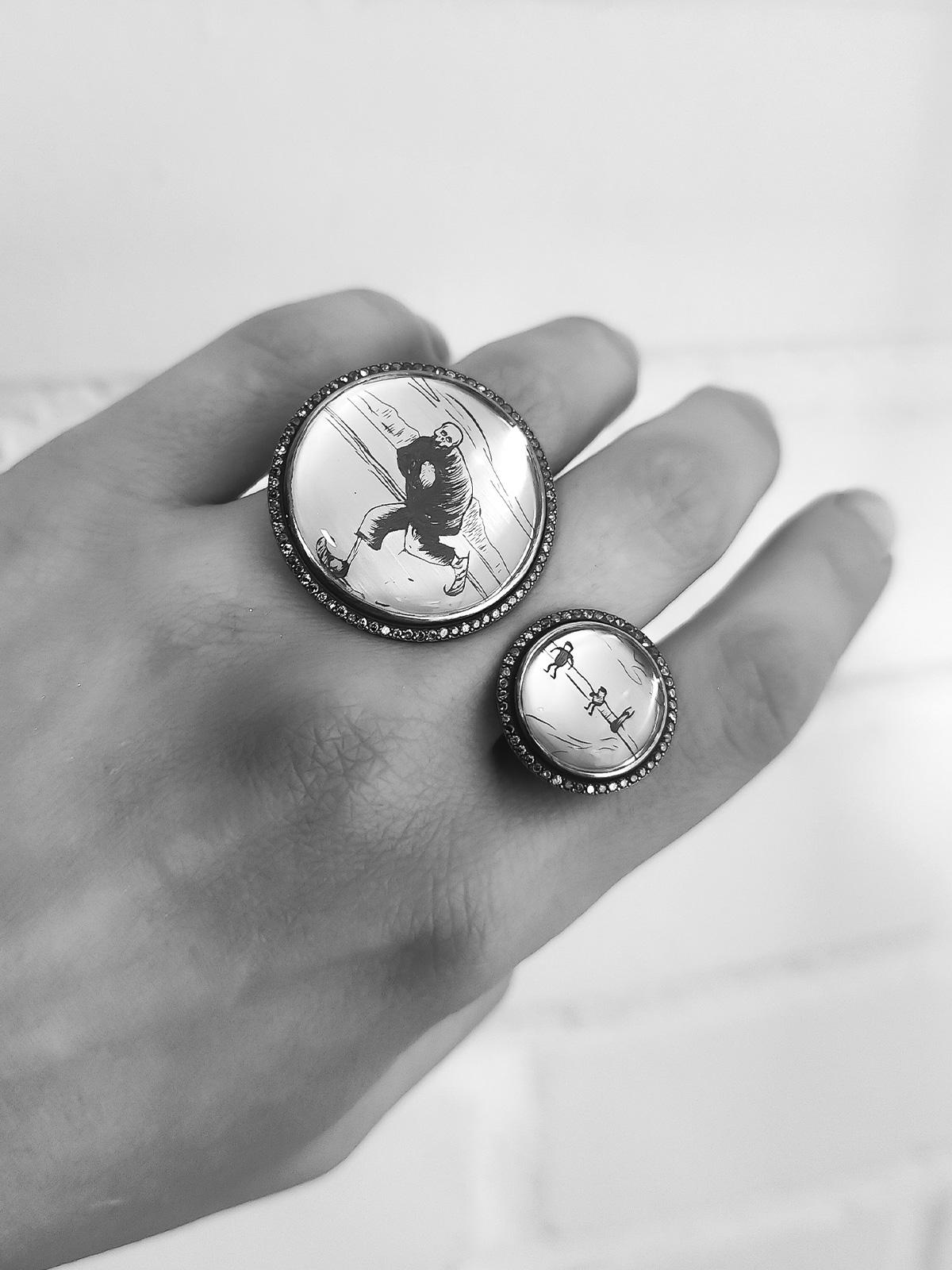 En venta: Death on Skates skull Ring in Platinum, Silver, Rock Crystal and Diamonds  6