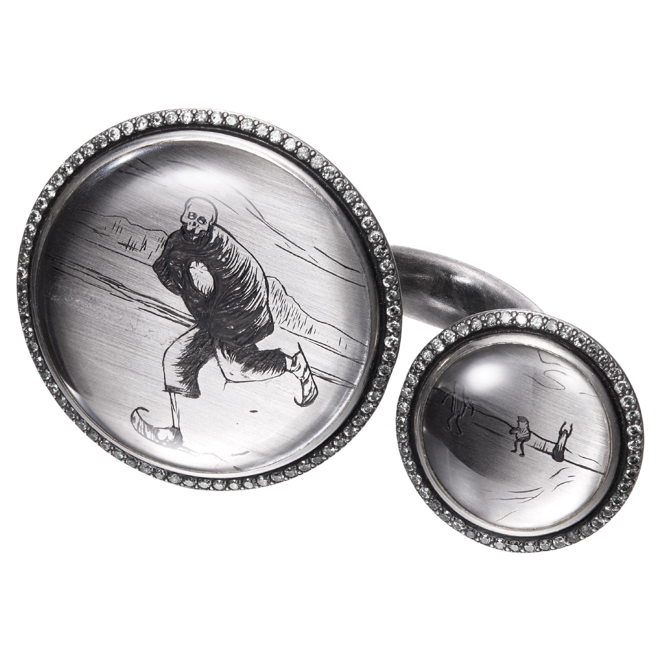 En venta: Death on Skates skull Ring in Platinum, Silver, Rock Crystal and Diamonds