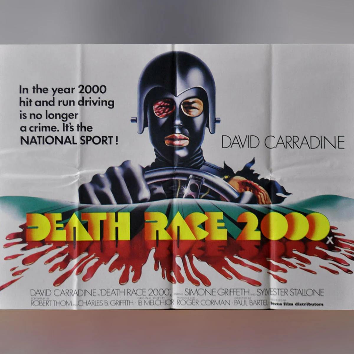Carrera de la Muerte 2000 (1975)
Quad británico original (30 X 40 pulgadas)

En un futuro distópico, una carrera automovilística a campo traviesa obliga a los concursantes a atropellar a peatones inocentes para ganar puntos que se contabilizan en