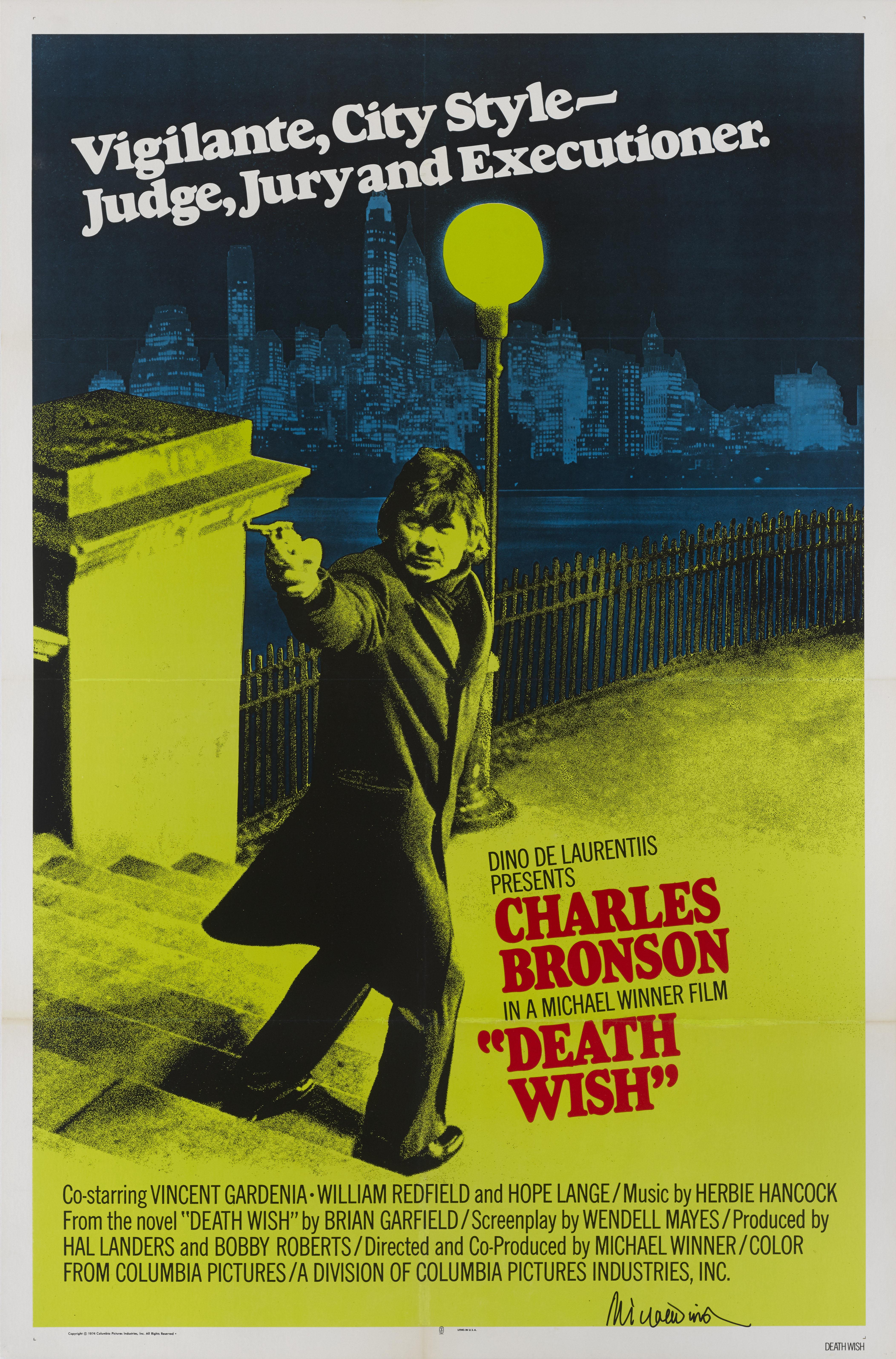 Original US International style film poster for 1974 film Death Wish. This action film was directed by Michael Winner and stars Charles Bronson. It was the first in the Death Wish franchise. Bronson plays Paul Kersey, an architect in New York, who