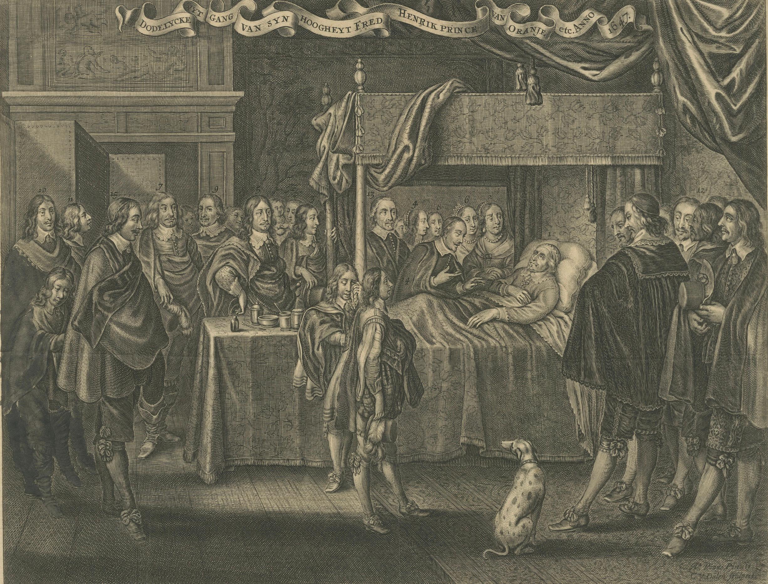 Le lit de mort de Frederik Hendrik, prince d'Orange, vers 1647-1650 - Gravure hollandaise historique

Cette remarquable et émouvante gravure ancienne dépeint les derniers instants de Frederik Hendrik, prince d'Orange (1584-1647), qui fut l'une des