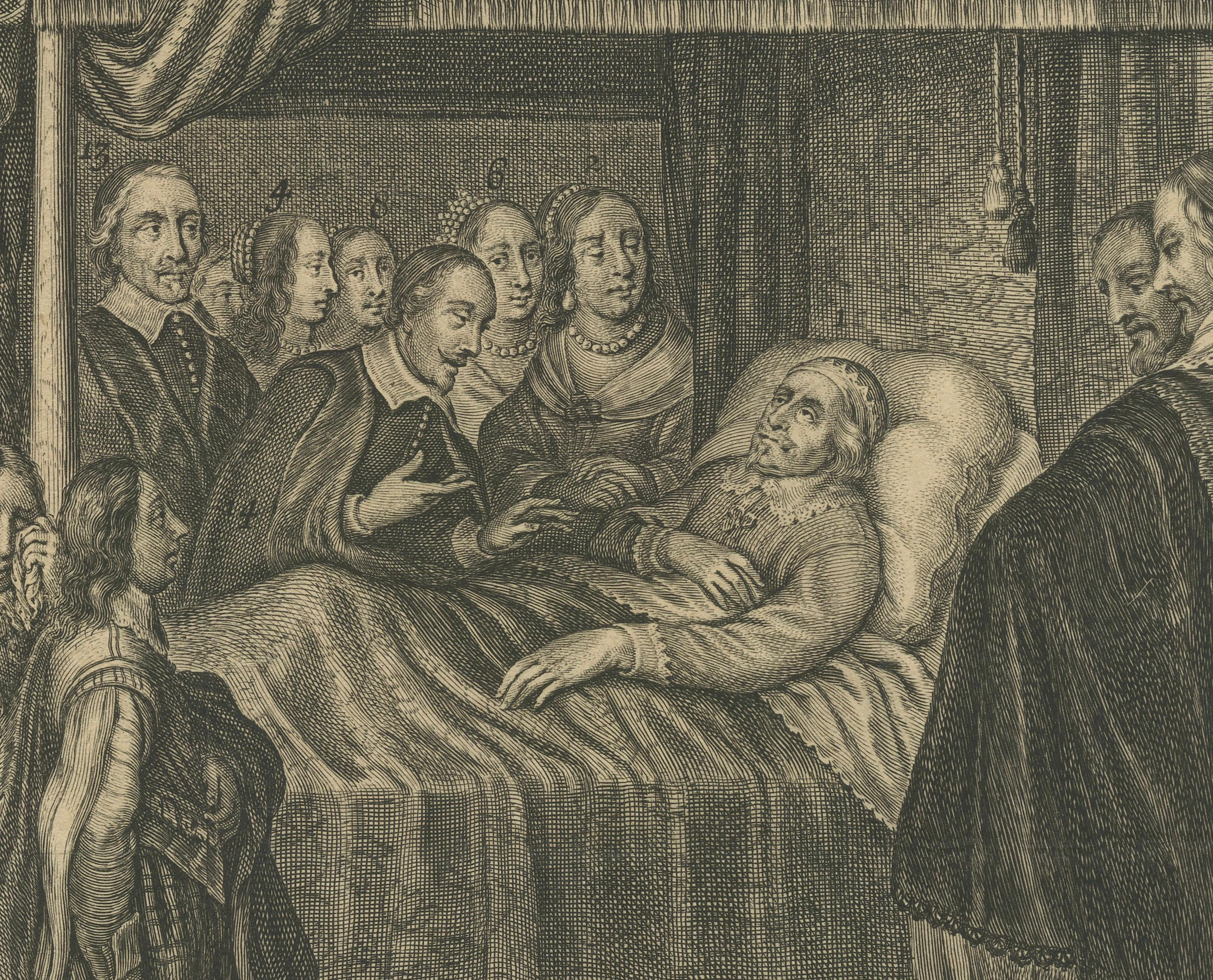 Néerlandais Le lit de mort du prince d'Orange, vers 1647 - Gravure historique néerlandaise, vers 1647 en vente