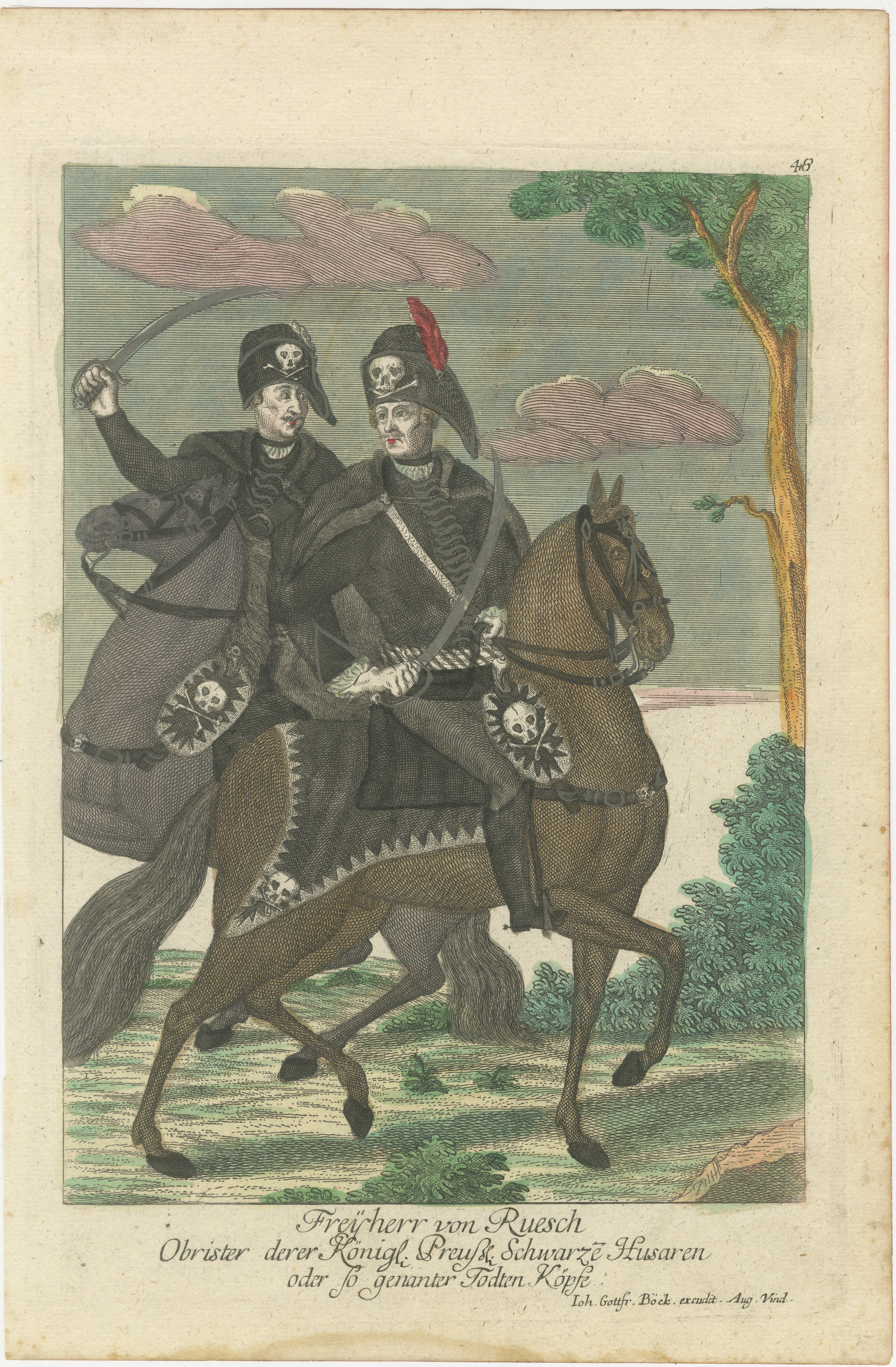 Death's Head Skull Hussars, Freiherr von Ruesch, Hand-Colored Engraving, c.1750
