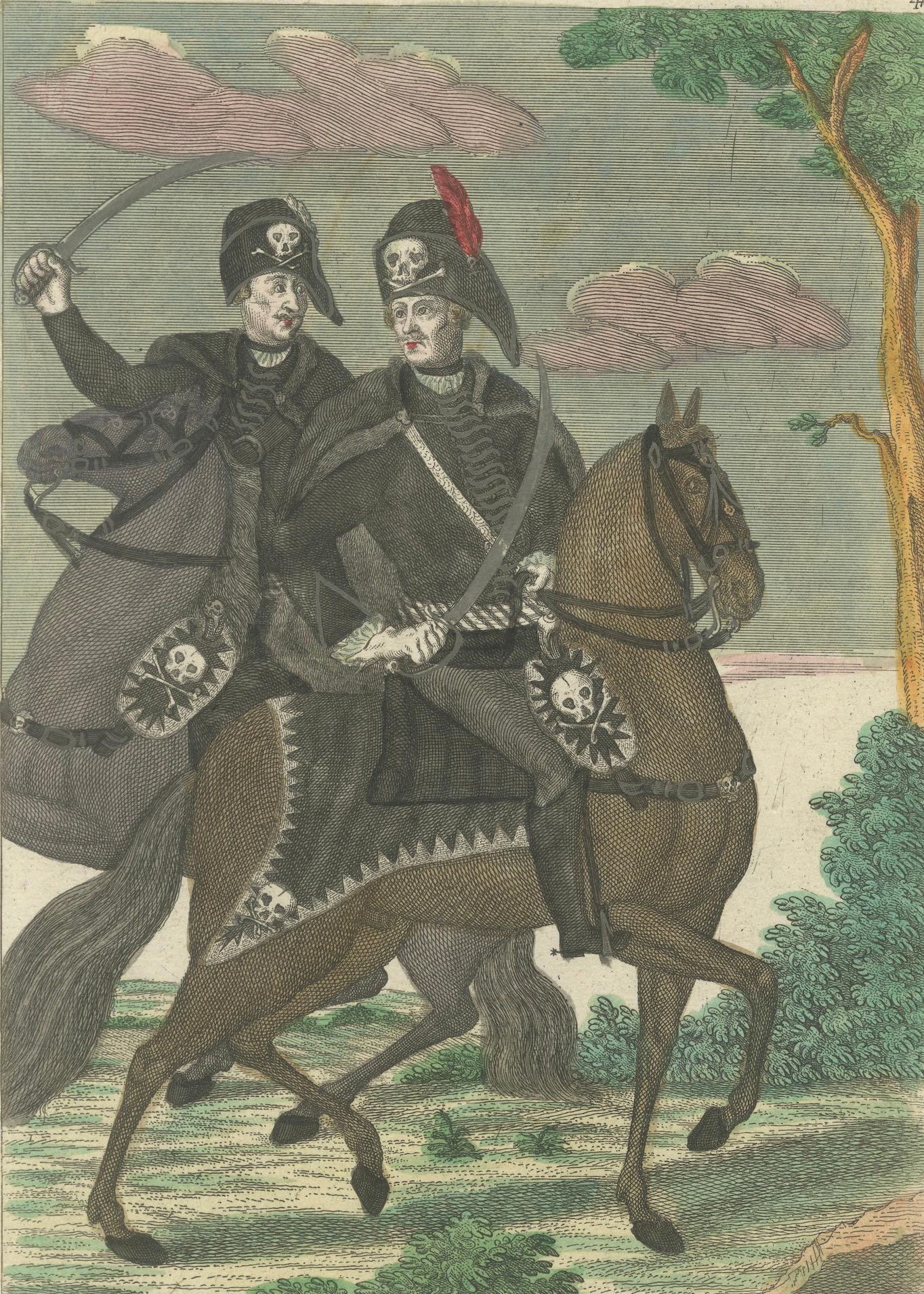 Death's Head Skull Hussars, Freiherr von Ruesch, Hand-Colored Engraving, c.1750