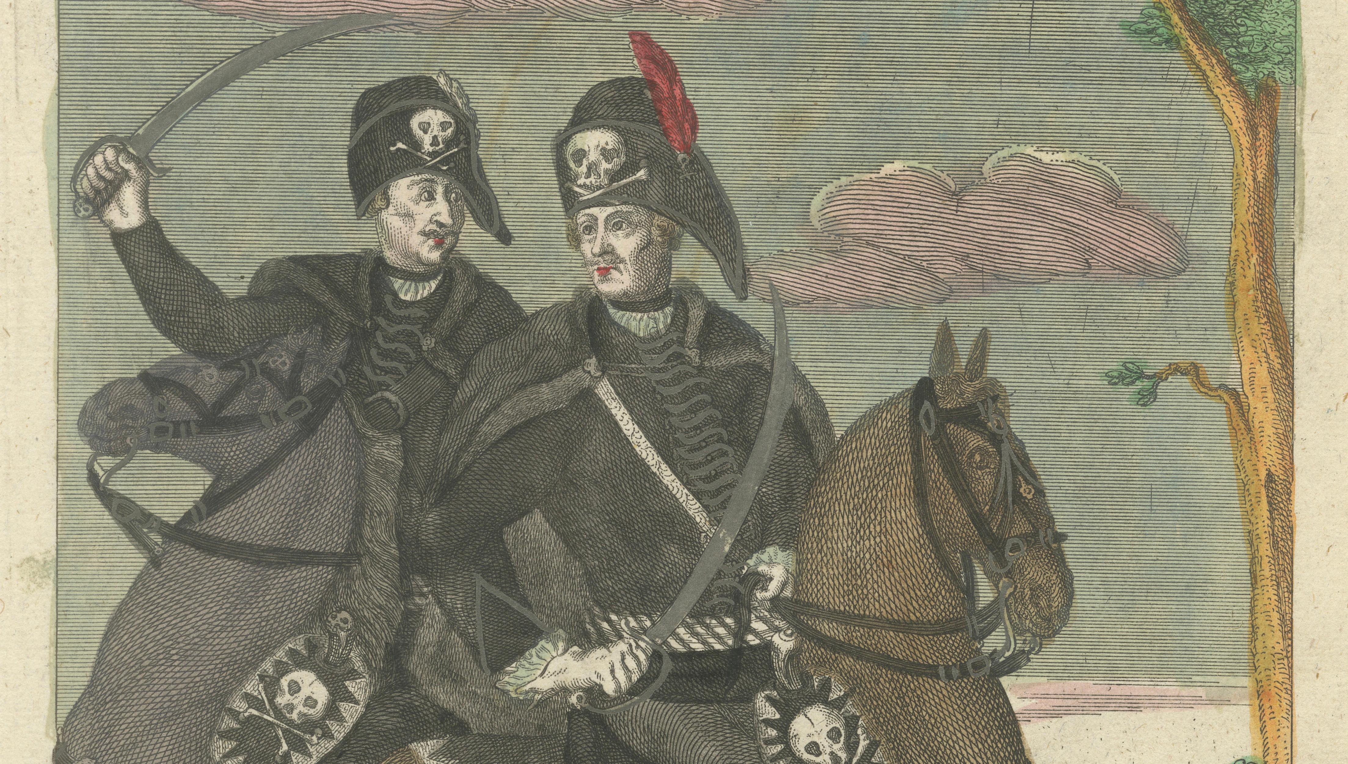 Death's Head Skull Hussars, Freiherr von Ruesch, Hand-Colored Engraving, c.1750
