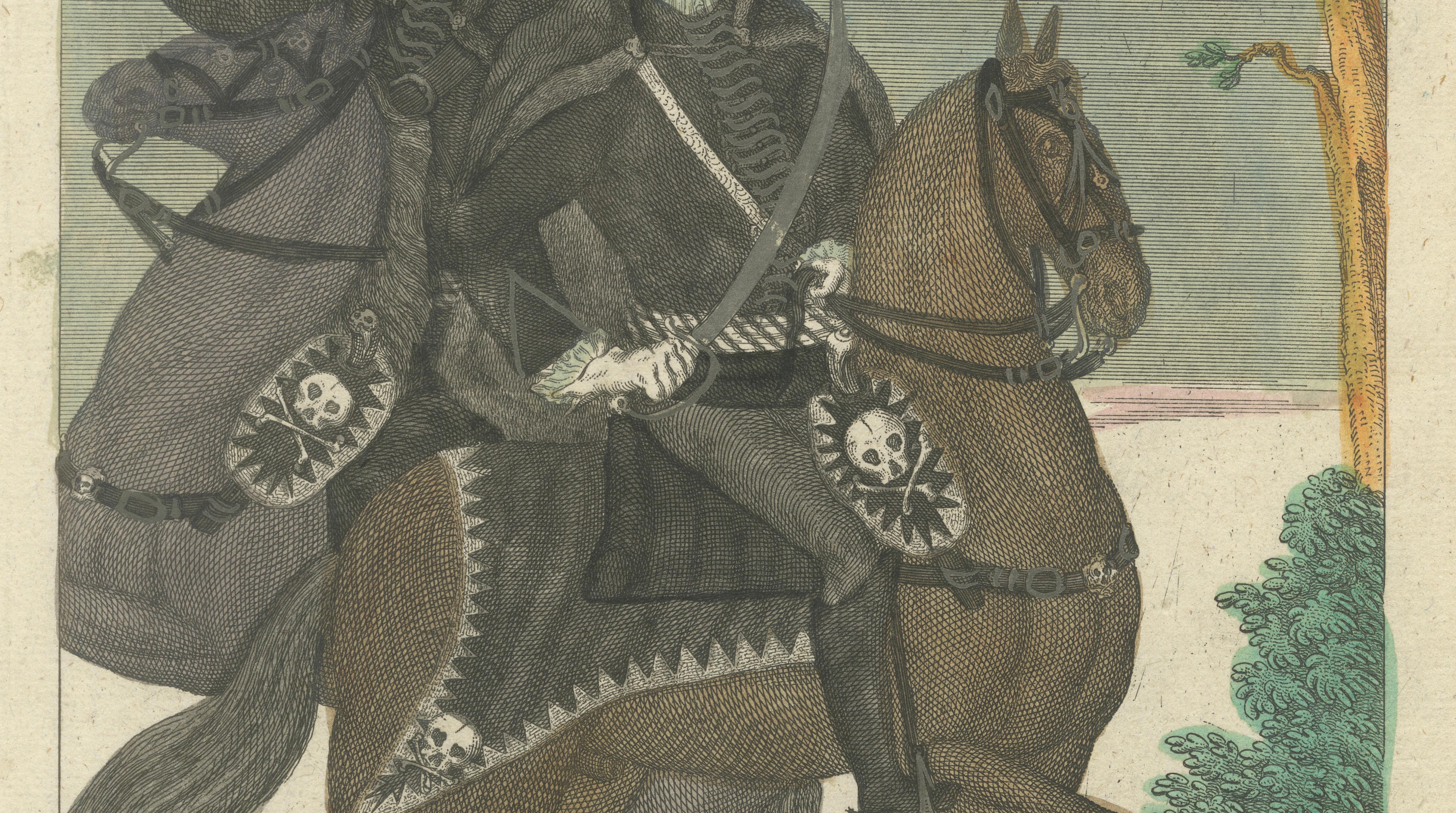 Death's Head Skull Hussars, Freiherr von Ruesch, Hand-Colored Engraving, c.1750