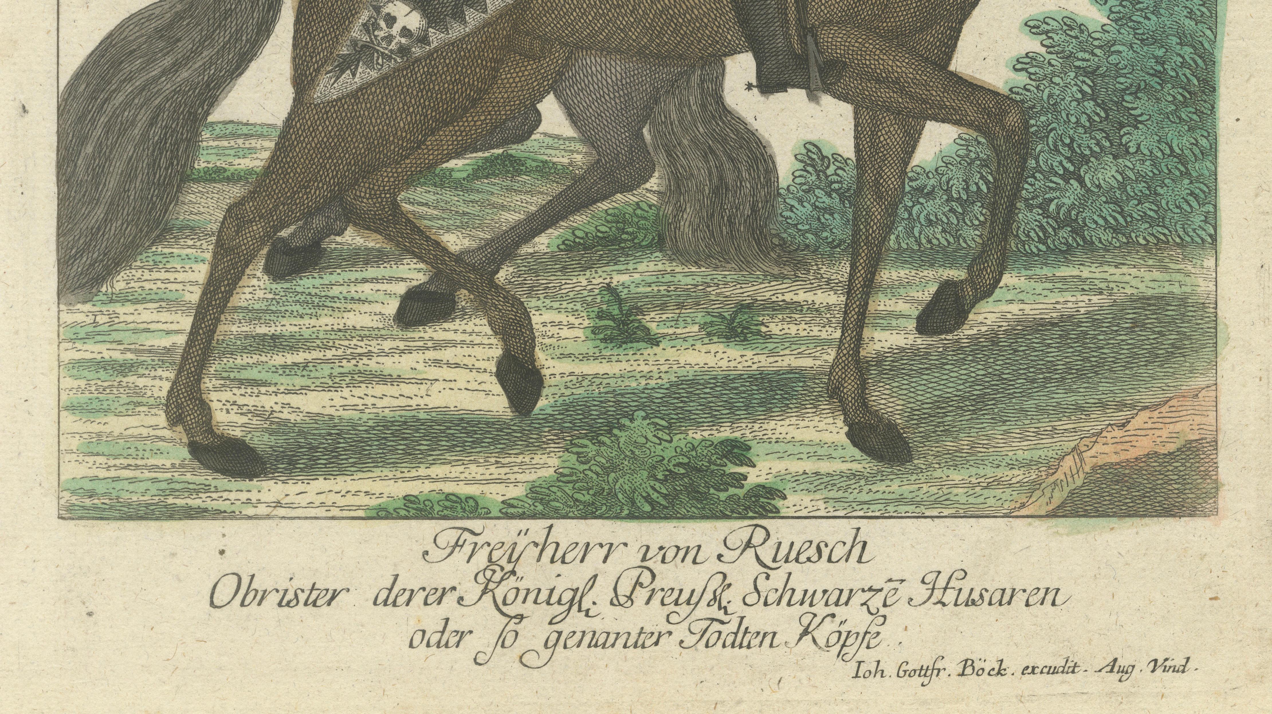 Death's Head Skull Hussars, Freiherr von Ruesch, Hand-Colored Engraving, c.1750