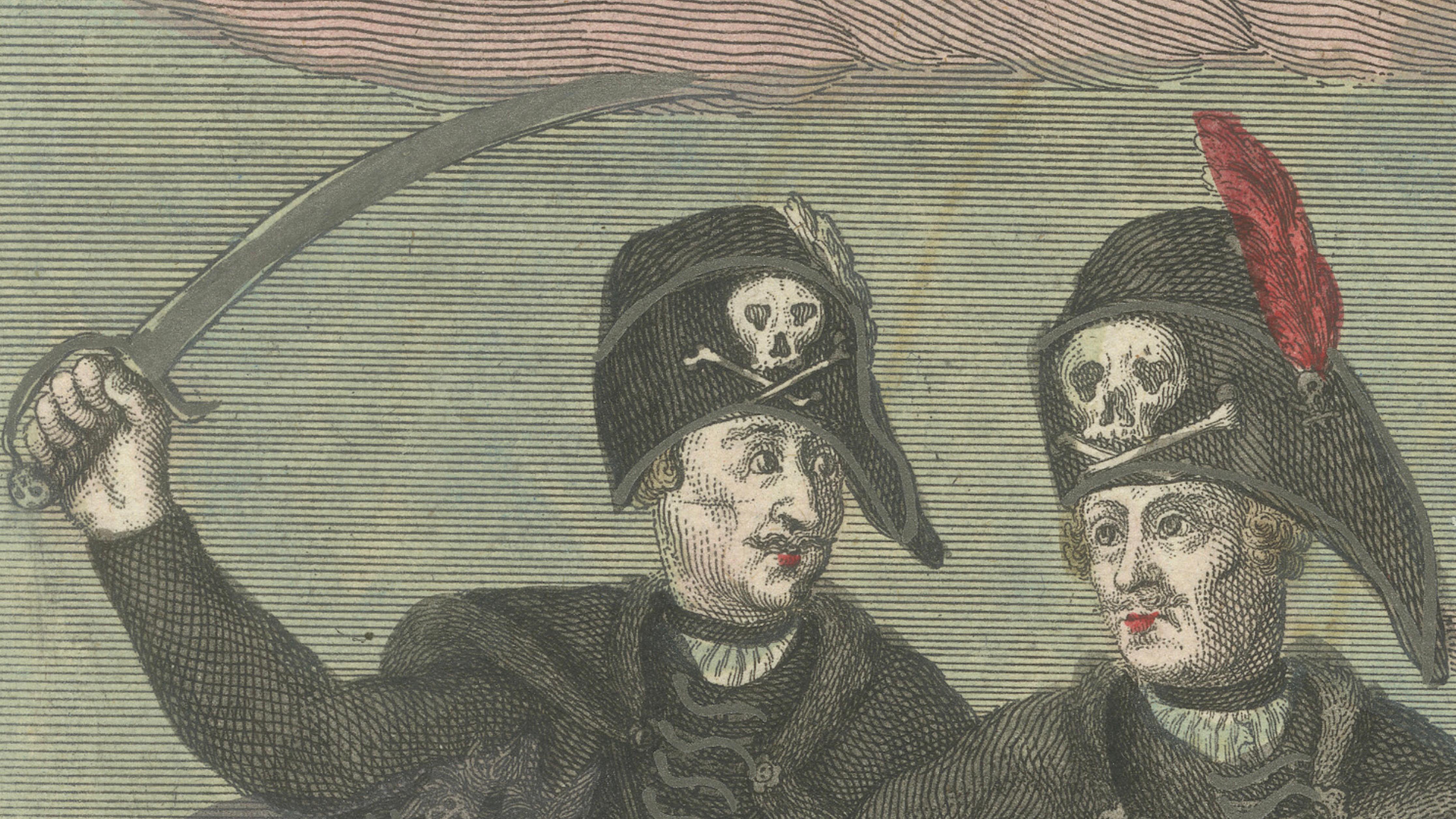 Death's Head Skull Hussars, Freiherr von Ruesch, Hand-Colored Engraving, c.1750