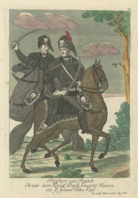 Death's Head Skull Hussars, Freiherr von Ruesch, Hand-Colored Engraving, c.1750