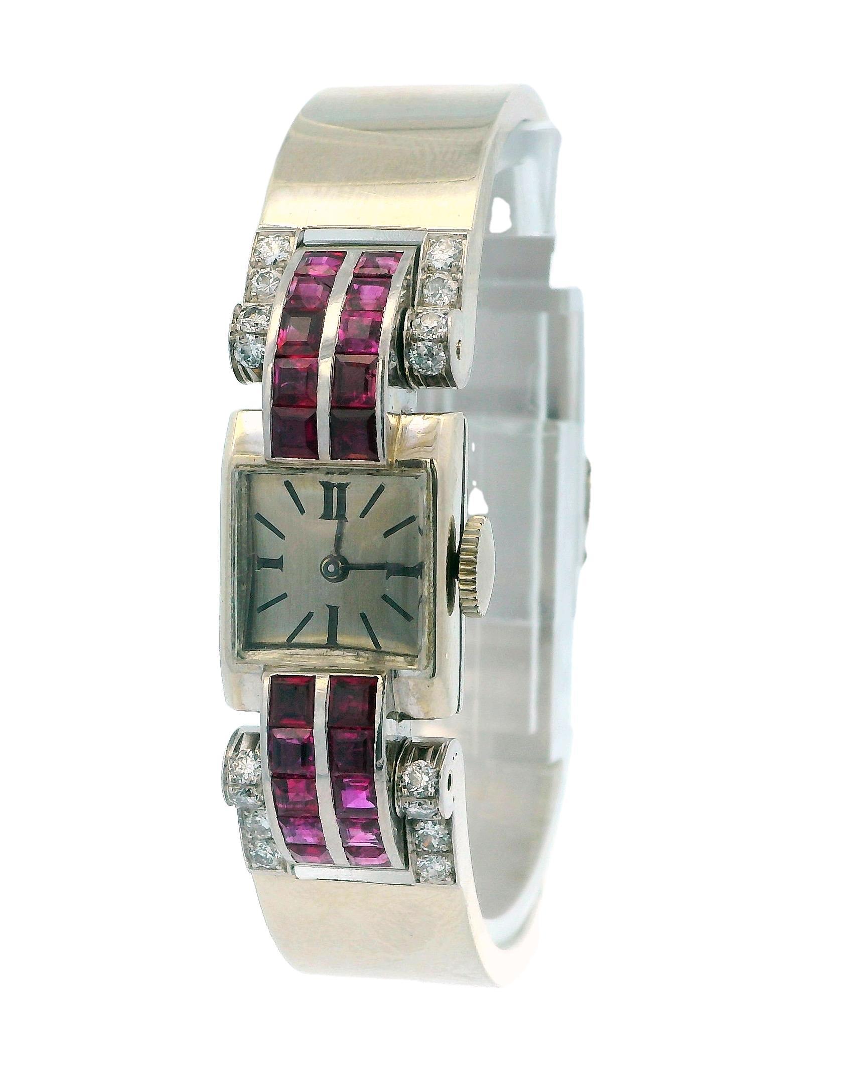 Baguette Cut Deaville Retro 14K White Gold With Ruby & Diamonds Ladies Watch For Sale