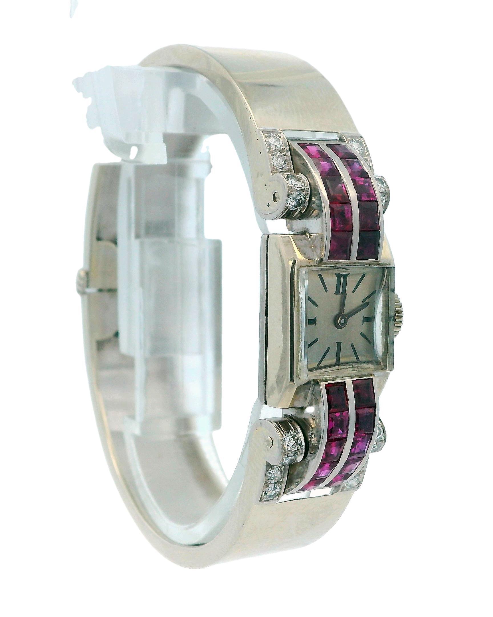 Deaville Retro 14K White Gold With Ruby & Diamonds Ladies Watch For Sale 2
