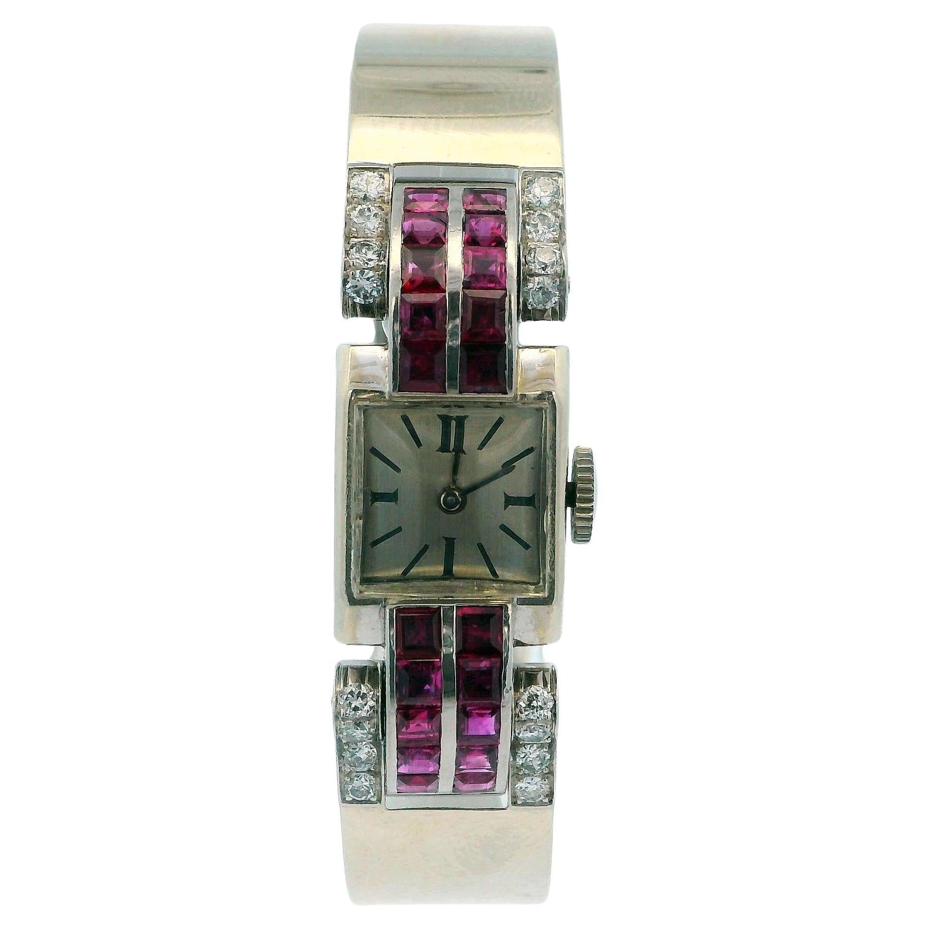 Deaville Retro 14K White Gold With Ruby & Diamonds Ladies Watch