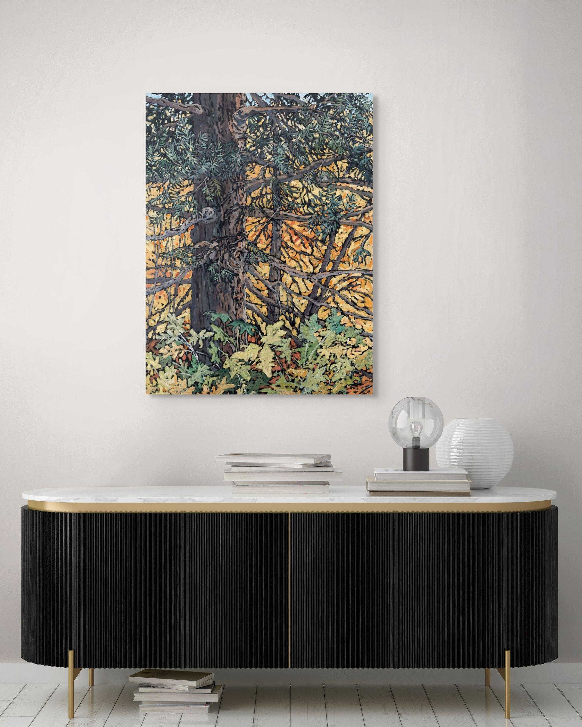 Celebrando el otoño con la madre árbol, Pintura al óleo original en venta 3