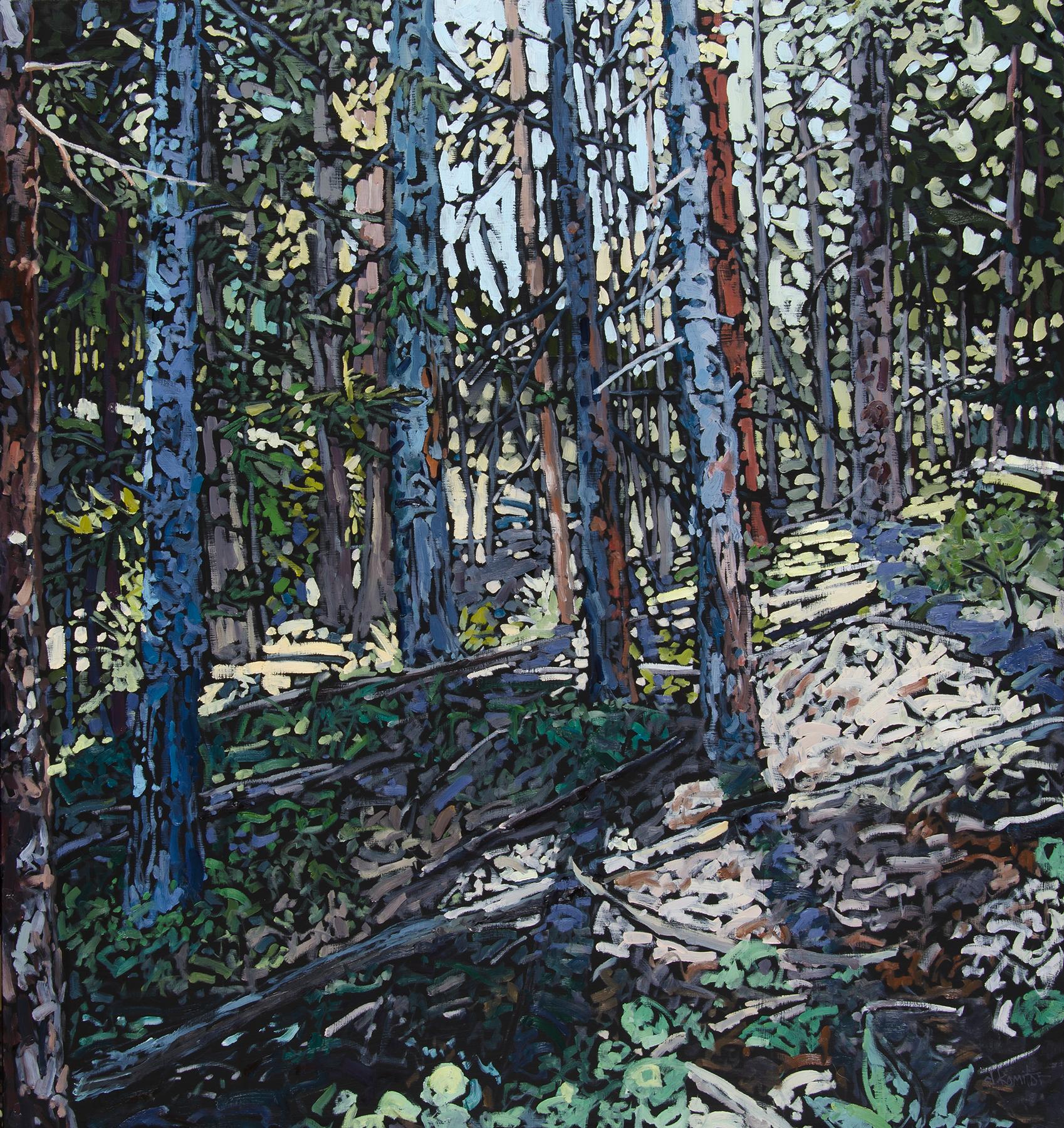 Deb Komitor Figurative Painting - "Retreating to the Forest Floor" Oil Painting