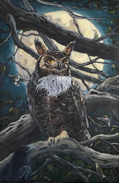 "The Oracles" (2021) by Deb Komitor, Original Oil Painting, Owl & Hummingbirds