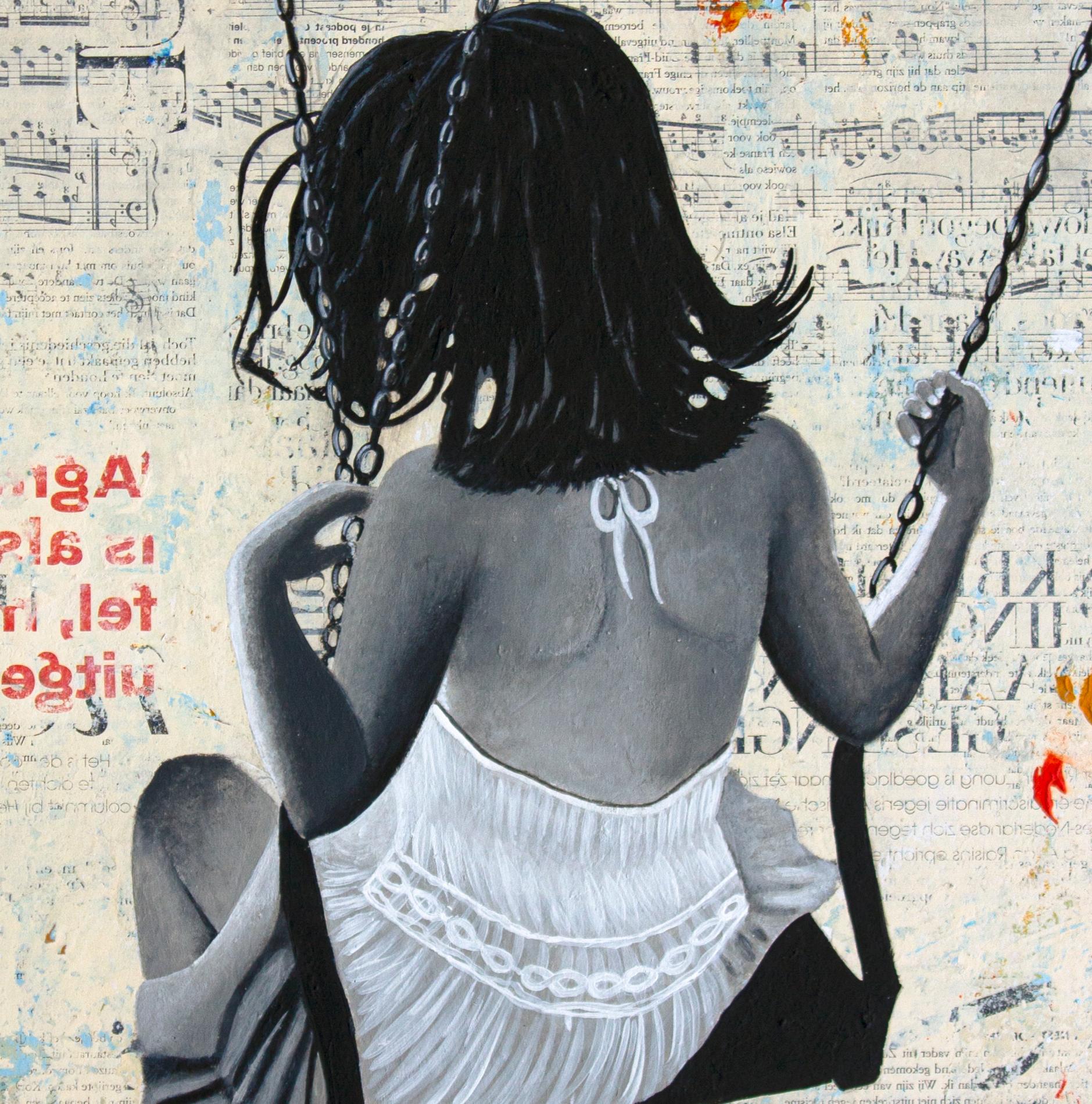 Indian Summer - street art dominant beige painting on paper of a girl on a swing - Street Art Painting by Deb Waterman