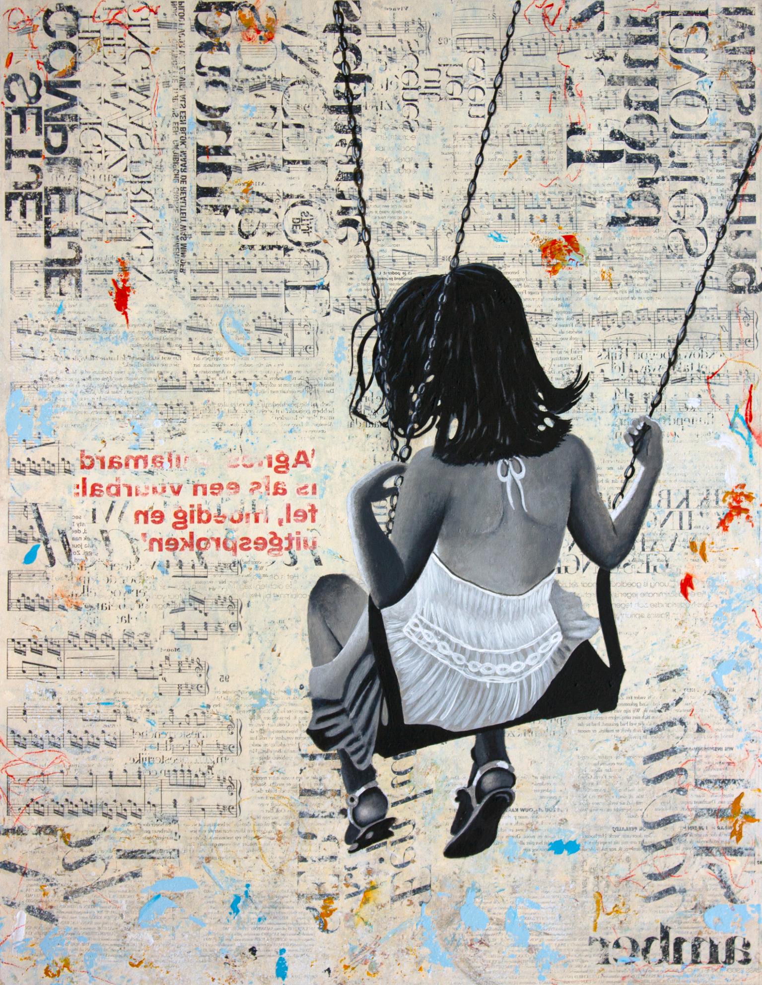 Deb Waterman Figurative Painting - Indian Summer - street art dominant beige painting on paper of a girl on a swing