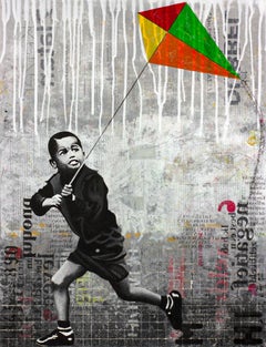 Kite Man - street art dominant grey painting on paper of boy with a kite