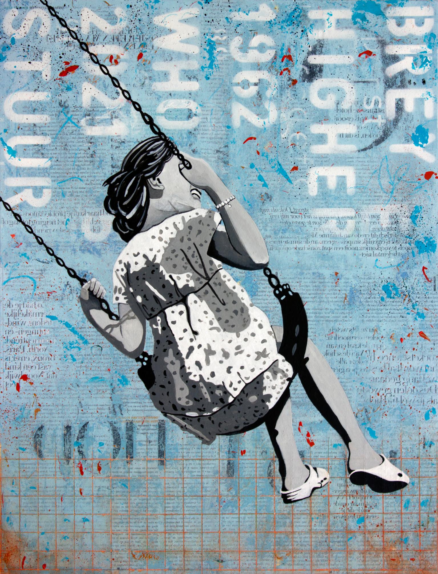 Deb Waterman Figurative Painting - Spring Swing - street art dominant blue painting on paper of a girl on a swing