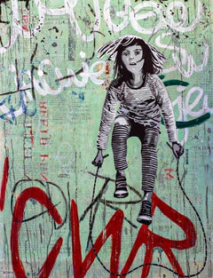 Stripes - street art grey, red and green painting on paper of girl with a rope
