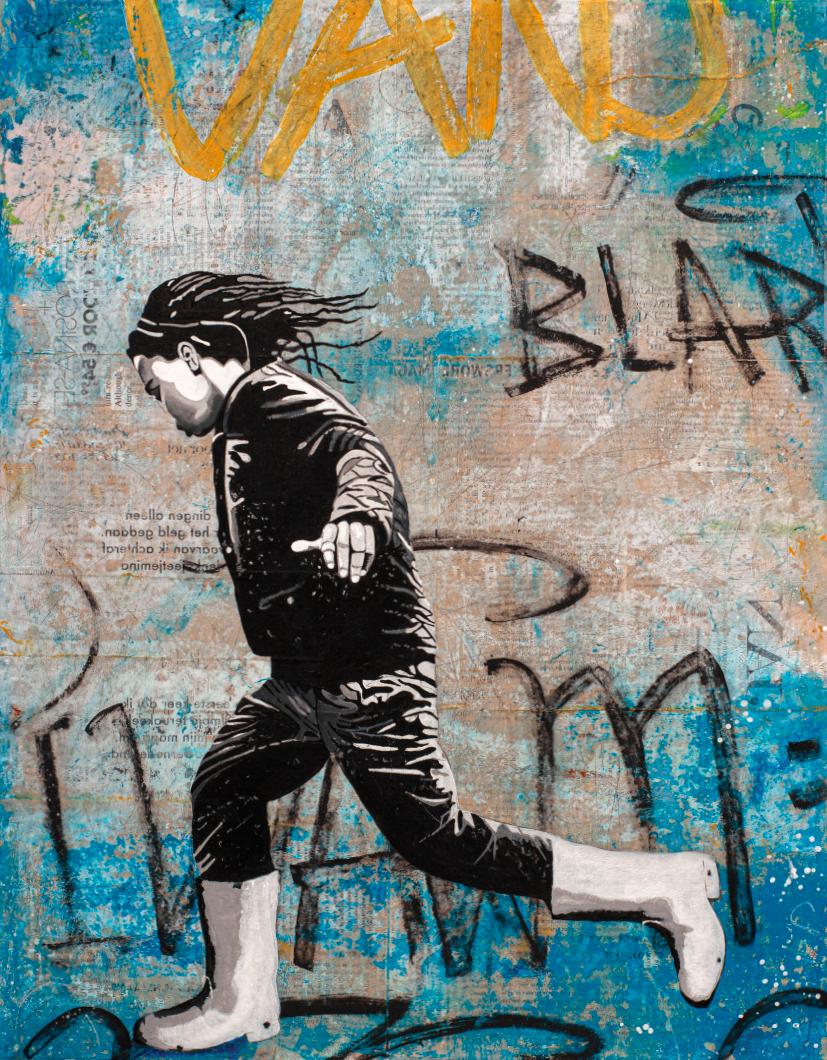 Deb Waterman Figurative Painting - Tom Thumb - street art dominant blue painting on paper of boy jumping in puddles