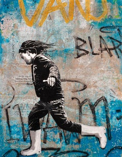 Tom Thumb - street art dominant blue painting on paper of boy jumping in puddles