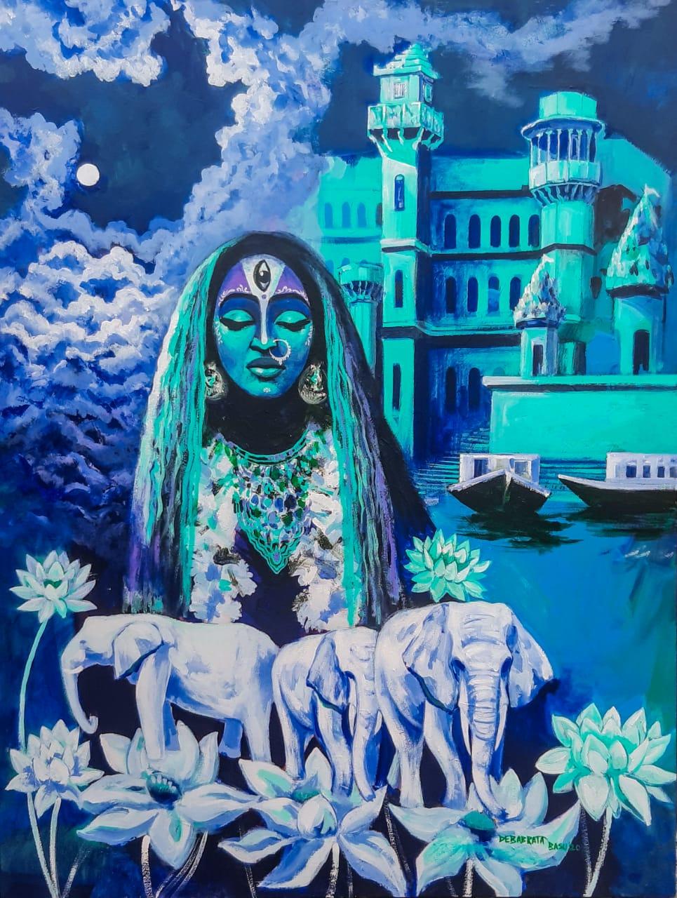 Devi, Éléphants, Acrylique sur Toile, Bleu, Vert par Artiste Contemporain""En Stock""