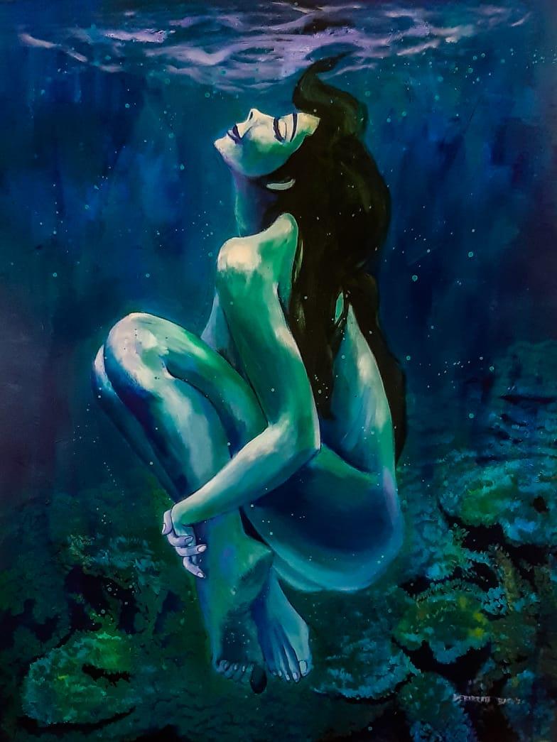 Nude Painting Debabrata Basu - Femme nue sous l'eau, acrylique sur toile, bleu, vert, art indien « en stock »