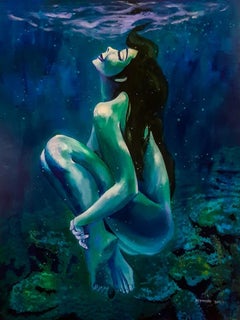 Nude Woman under the Water, Acrylic on Canvas, Blue, Green, Indian Art"In Stock"