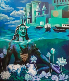 Shiva, God, Acrylic on Canvas, Blue, Green by Contemporary Artist "In Stock"